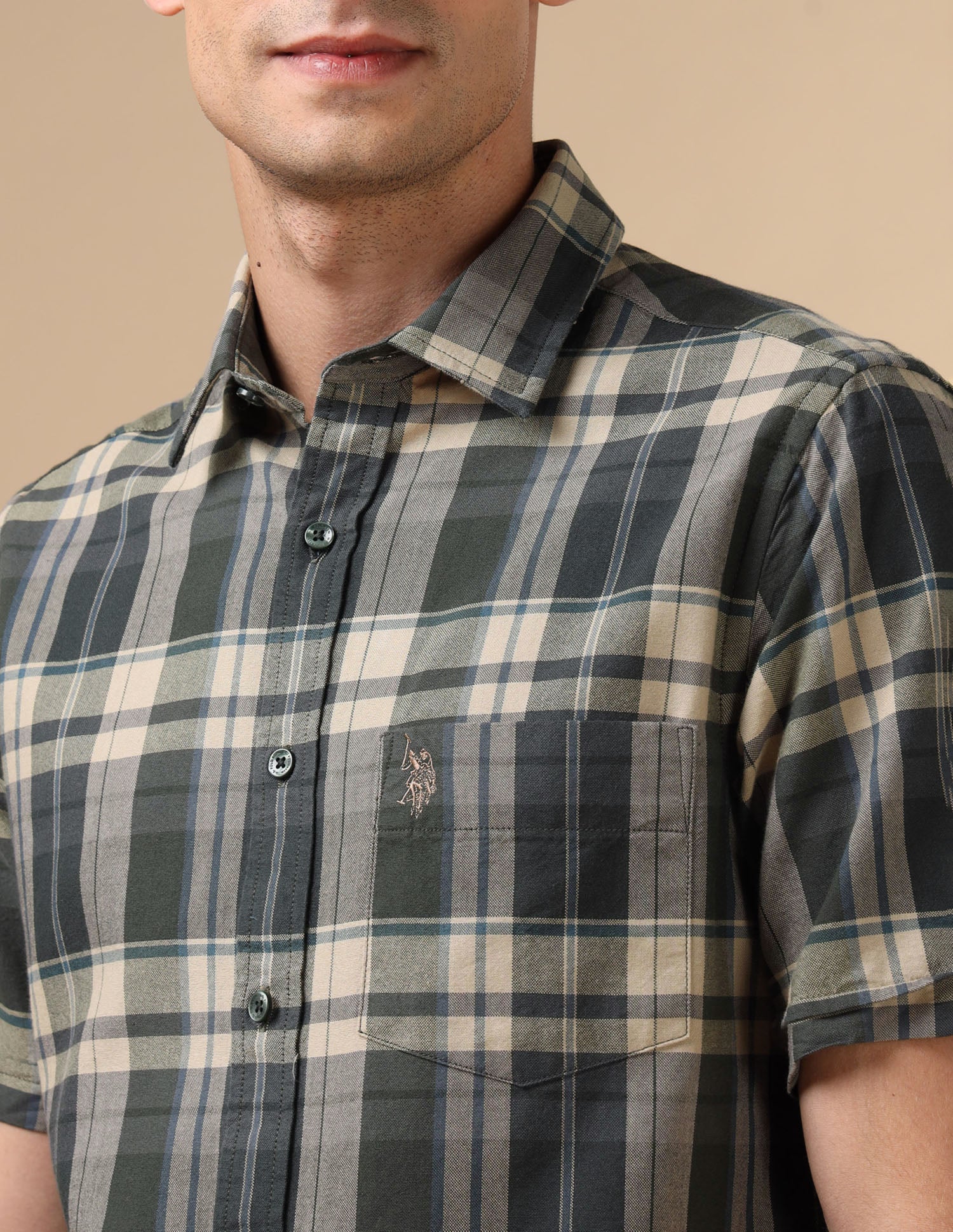 Pure Cotton Plaid Checked Oxford Shirt Olive - U.S. POLO ASSN. | Large