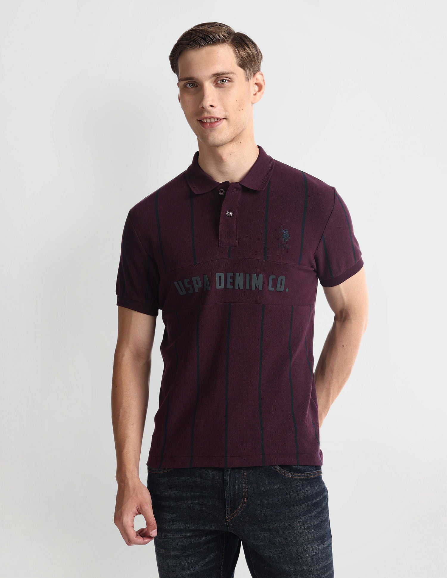 Vertical Striped Yarn Dyed Polo Shirt Wine - U.S. Polo Assn. India | Large