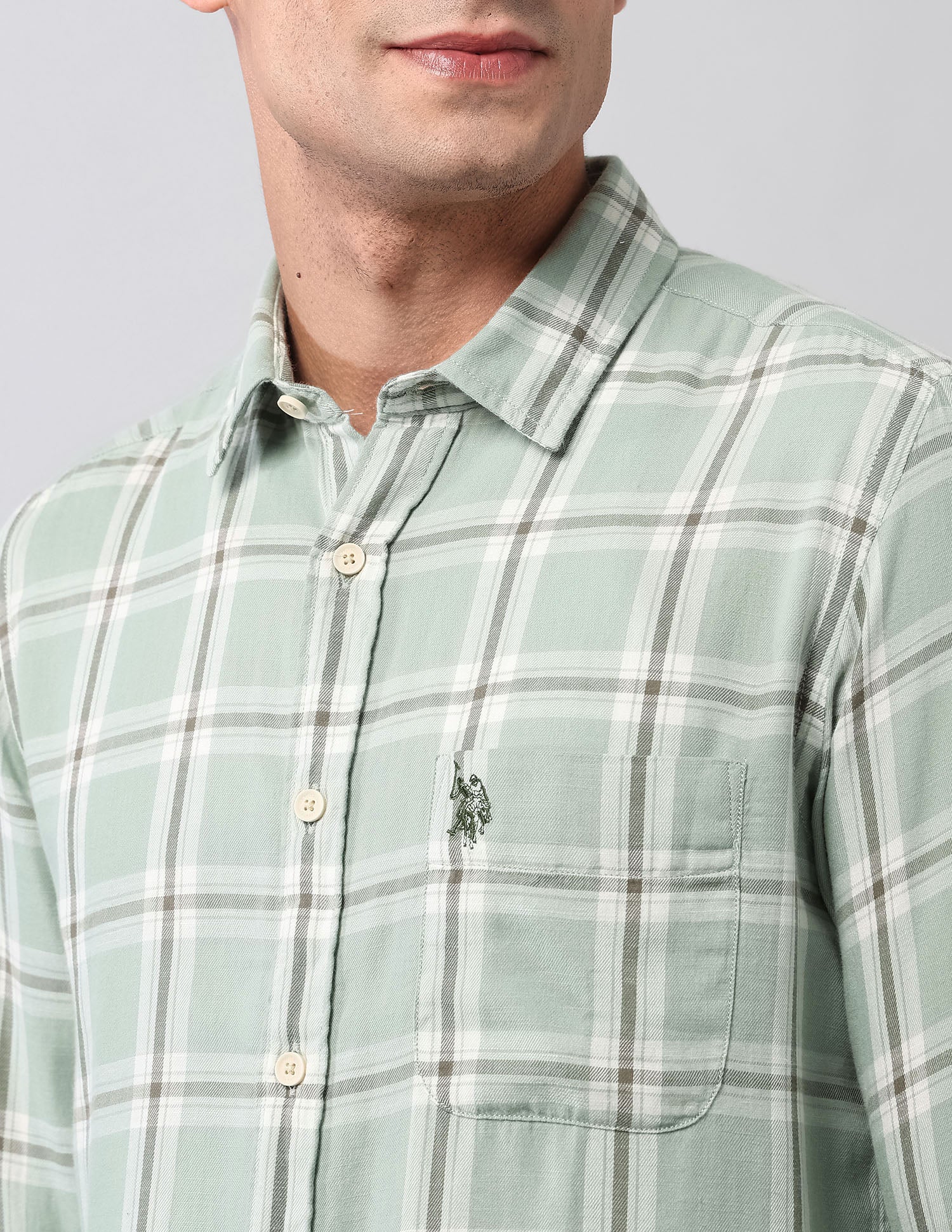 Tartan Checked Pure Cotton Shirt Light Green - U.S. Polo Assn. India | Large
