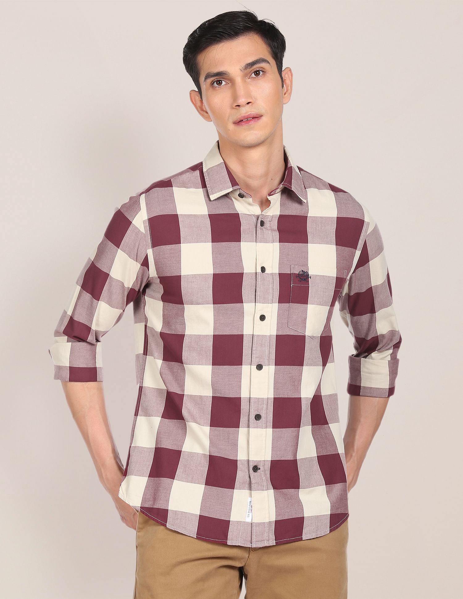 Men Maroon And Beige Spread Collar Check Casual Shirt