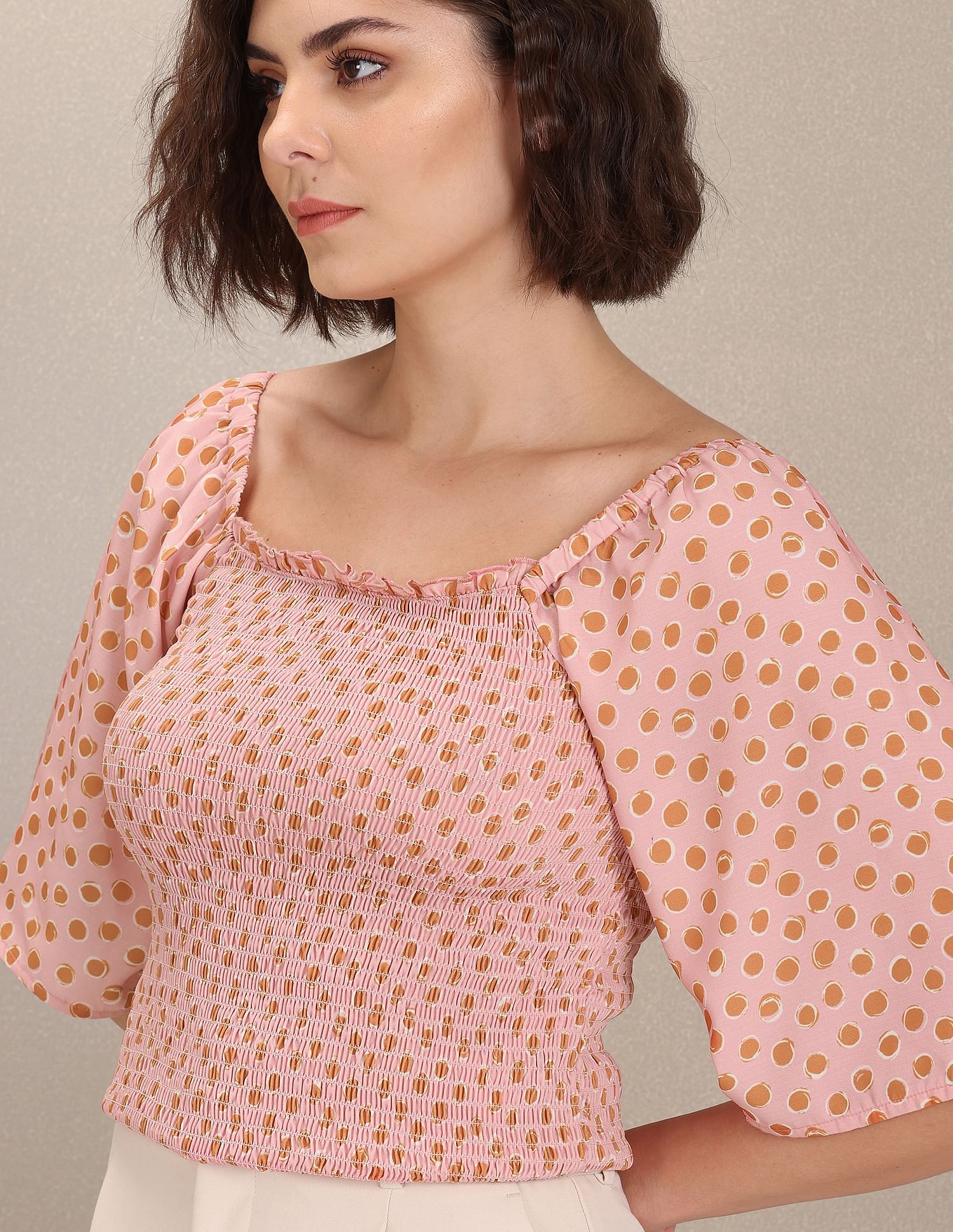 Square Neck Polka Dot Smocked Top Pink - U.S. Polo Assn. India | Large