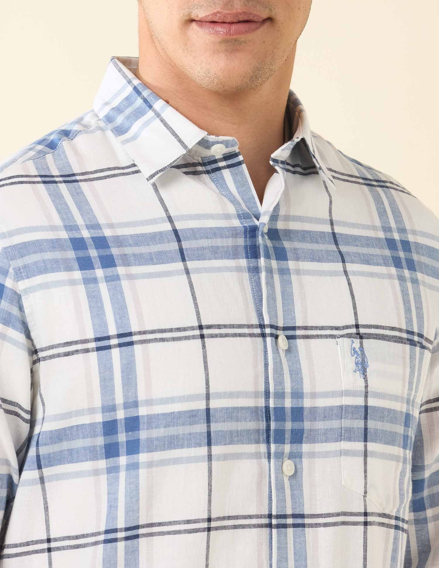 Tailored Fit Grid Tattersall Checked Shirt White - U.S. Polo Assn. India | Large