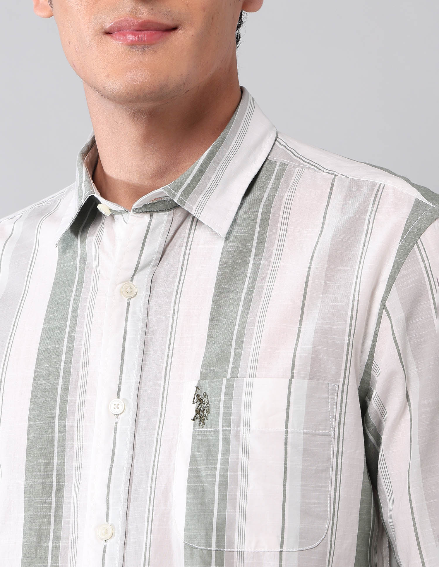 Vertical Striped Pure Cotton Shirt Green - U.S. Polo Assn. India | Large
