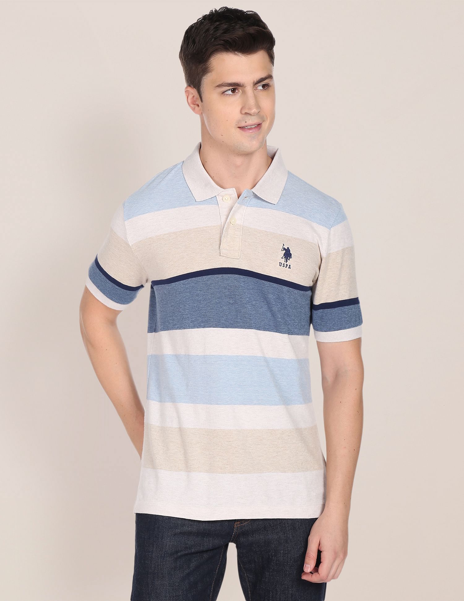 Horizontal Stripe Cotton Pique Polo Shirt Ecru and Blue - U.S. POLO ASSN. | Large