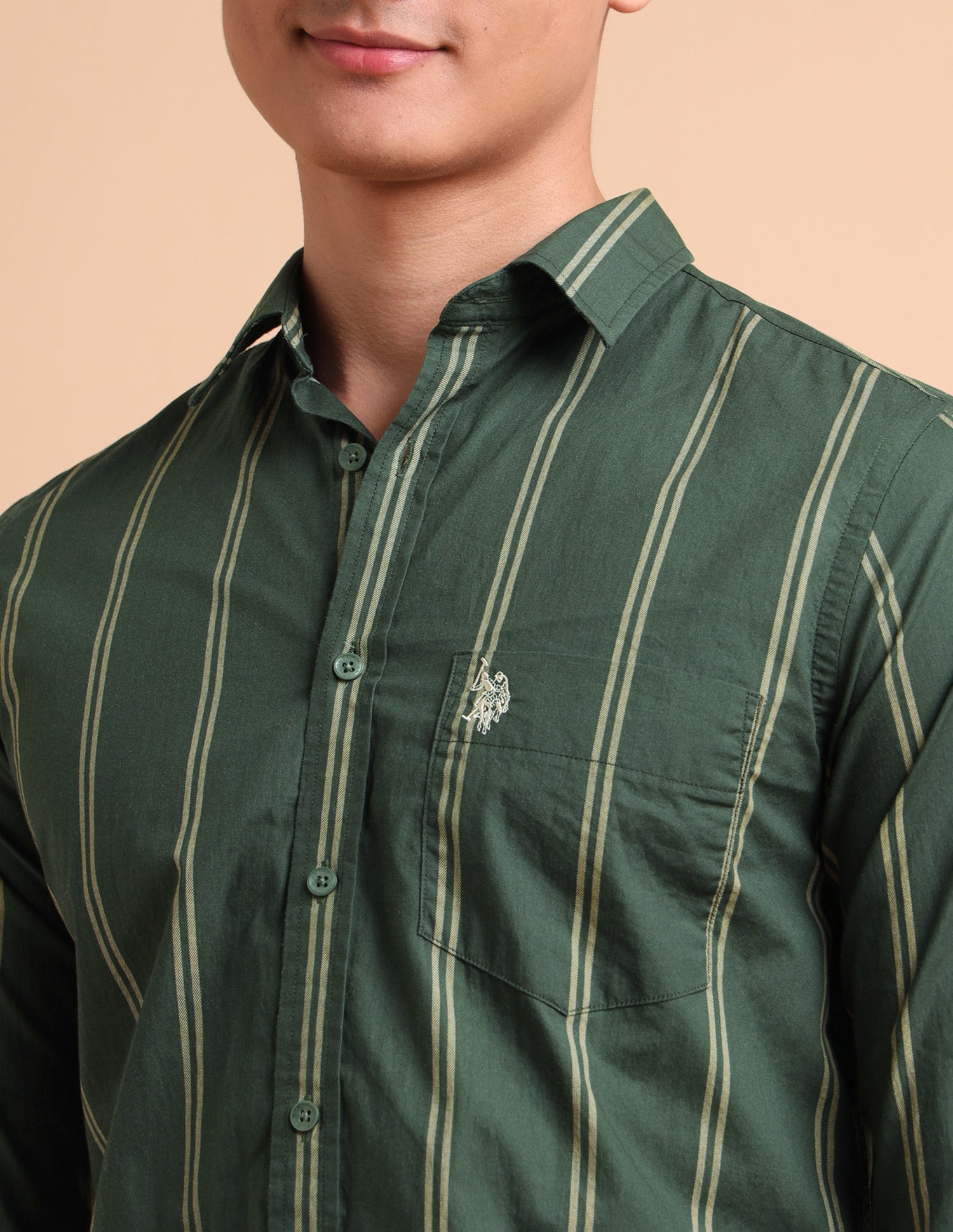 Vertical Striped Pure Cotton Shirt Olive - U.S. POLO ASSN. | Large