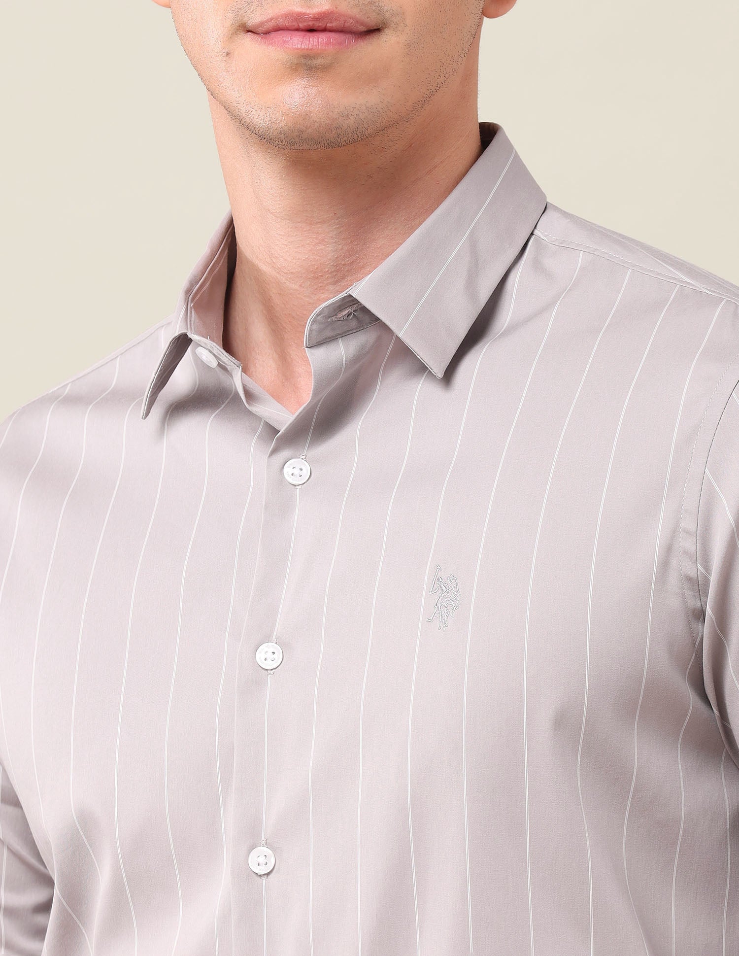 Vertical Striped Tailored Fit Shirt Light Khaki - U.S. Polo Assn. India | Large
