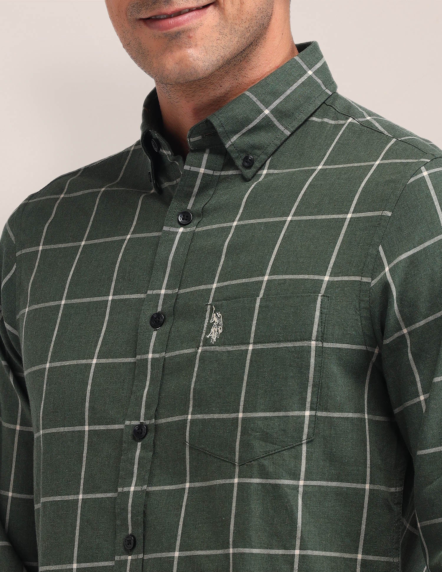 Windowpane Checked Tailored Fit Shirt Olive - U.S. Polo Assn. India | Large
