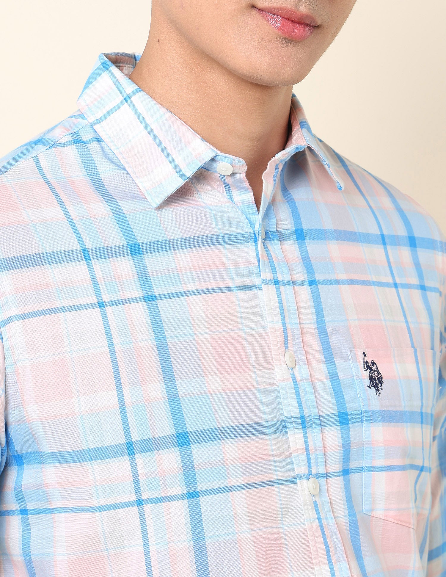 Pure Cotton Grid Tattersall Checked Shirt Blue - U.S. Polo Assn. India | Large