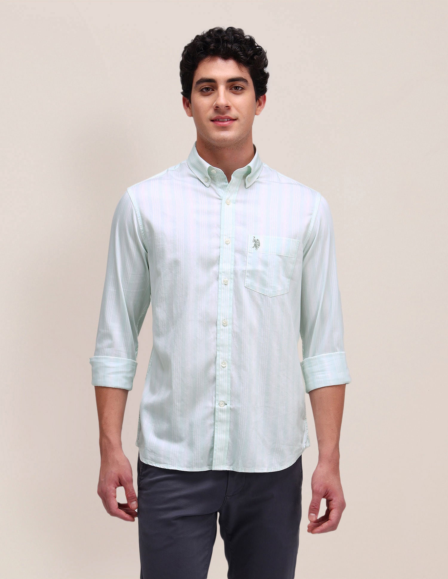 Vertical Striped Twill Weave Shirt Light Green - U.S. Polo Assn. India | Large