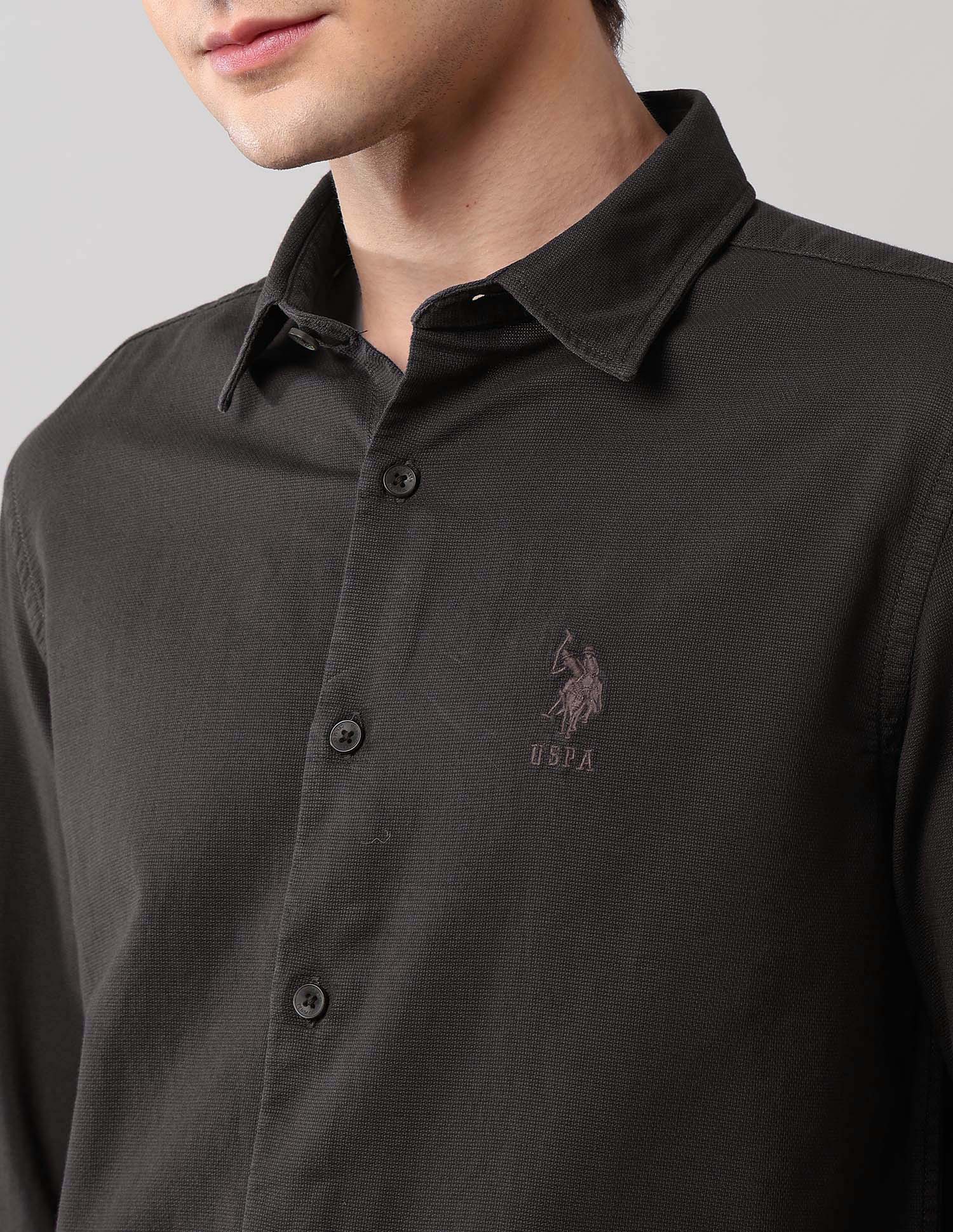 Pure Cotton Regular Fit Dobby Shirt Choco - U.S. Polo Assn. India | Large