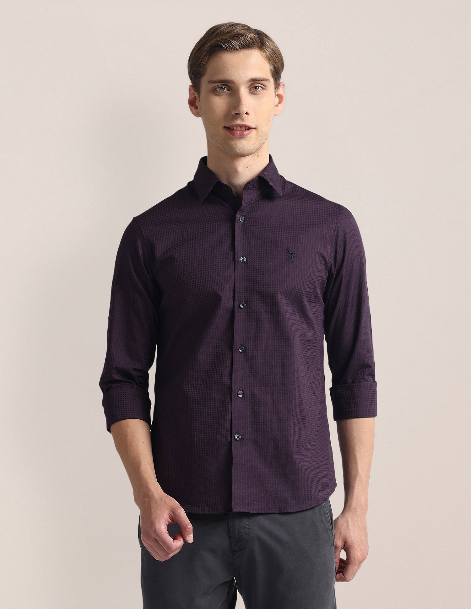 Premium Cotton Dobby Shirt Wine - U.S. Polo Assn. India | Large