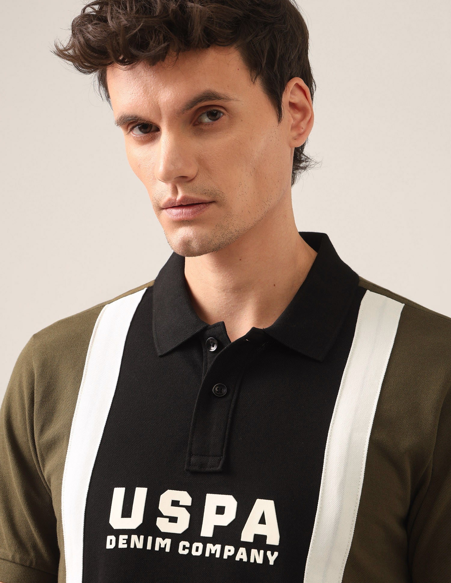 Colourblocked With Brand Printed Slim Fit Polo Shirt Olive - U.S. Polo Assn. India | Large