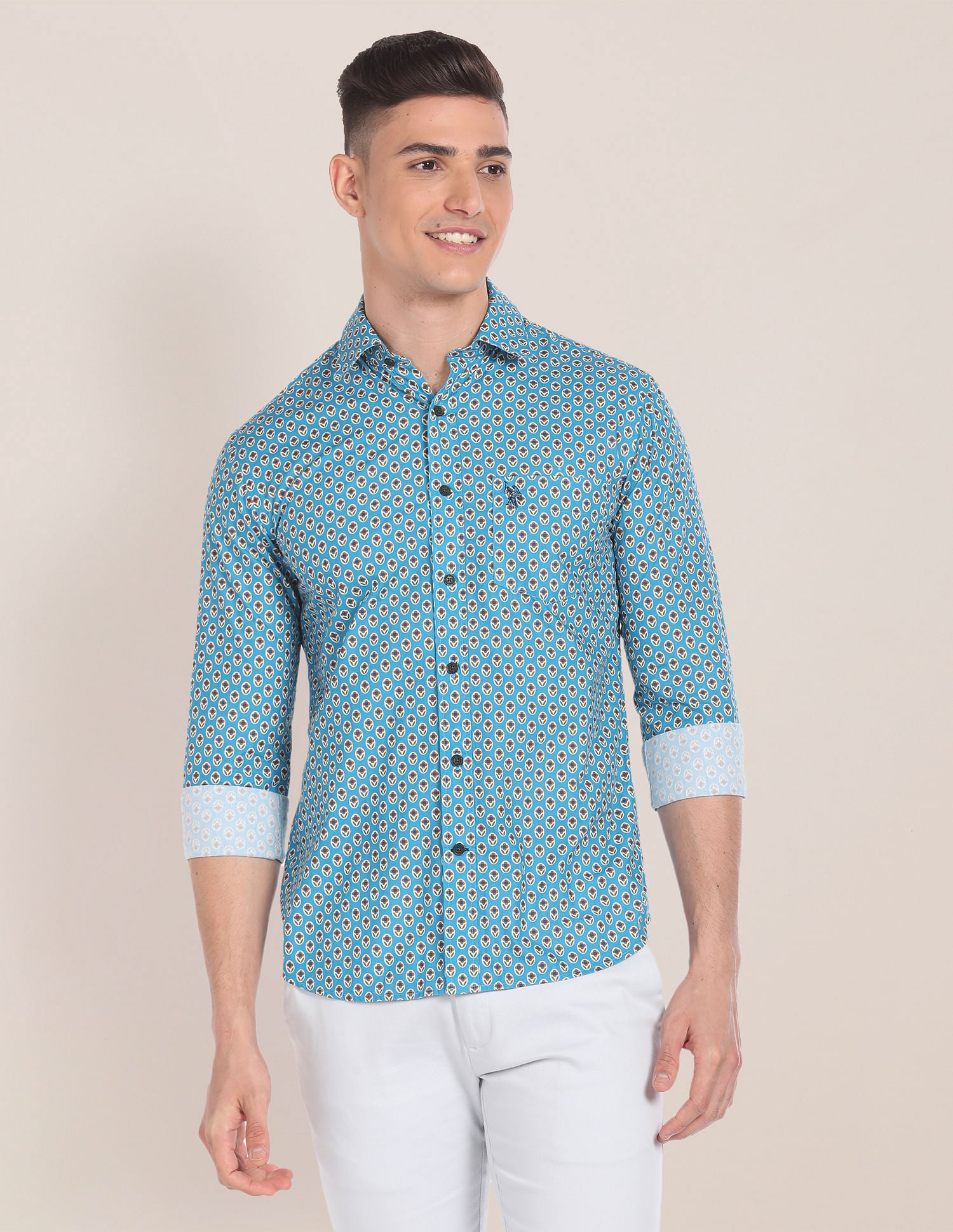 Floral Print Cotton Shirt Light Teal - U.S. Polo Assn. India | Large