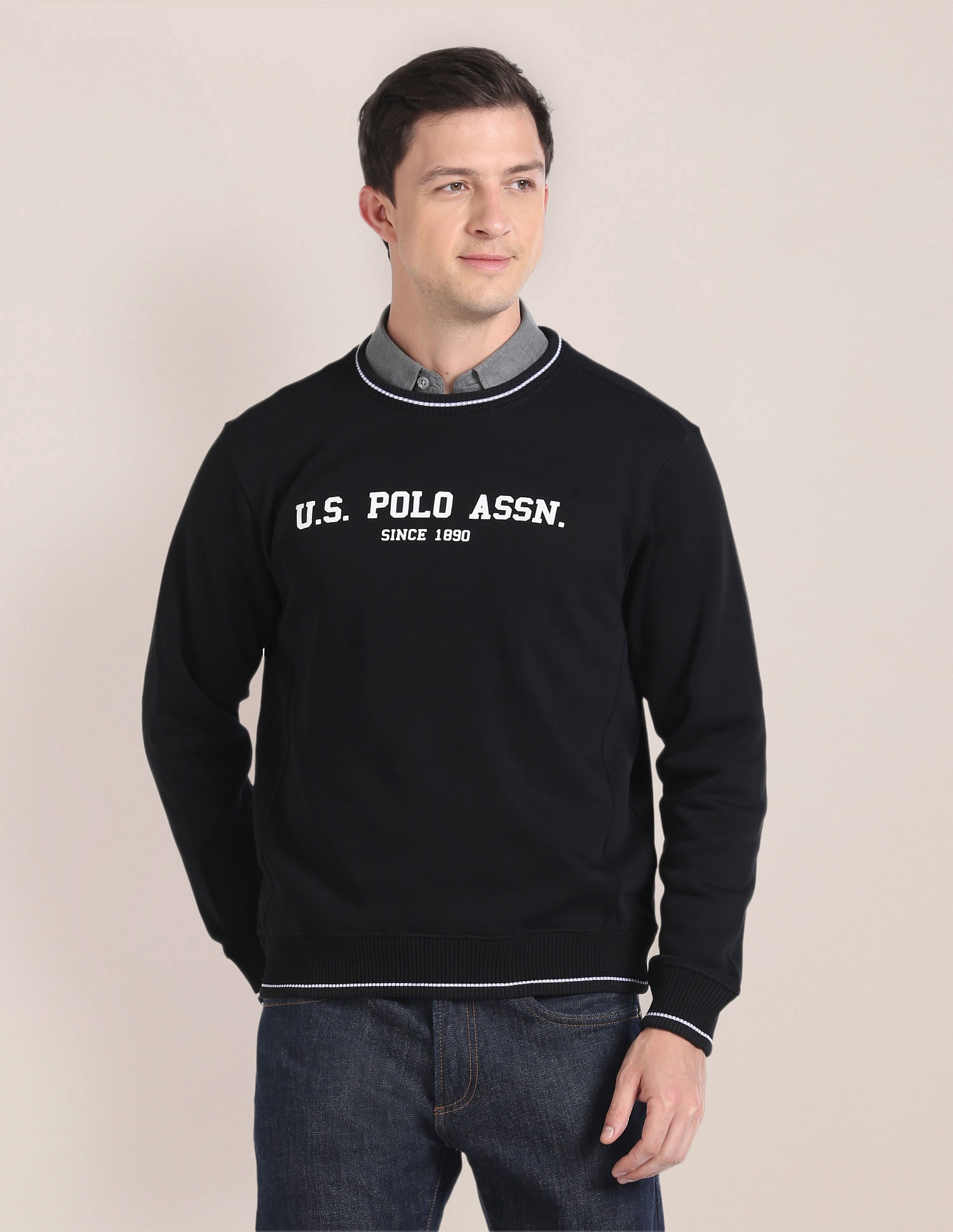 Crew Neck Typographic Print Sweatshirt Black - U.S. POLO ASSN. | Large