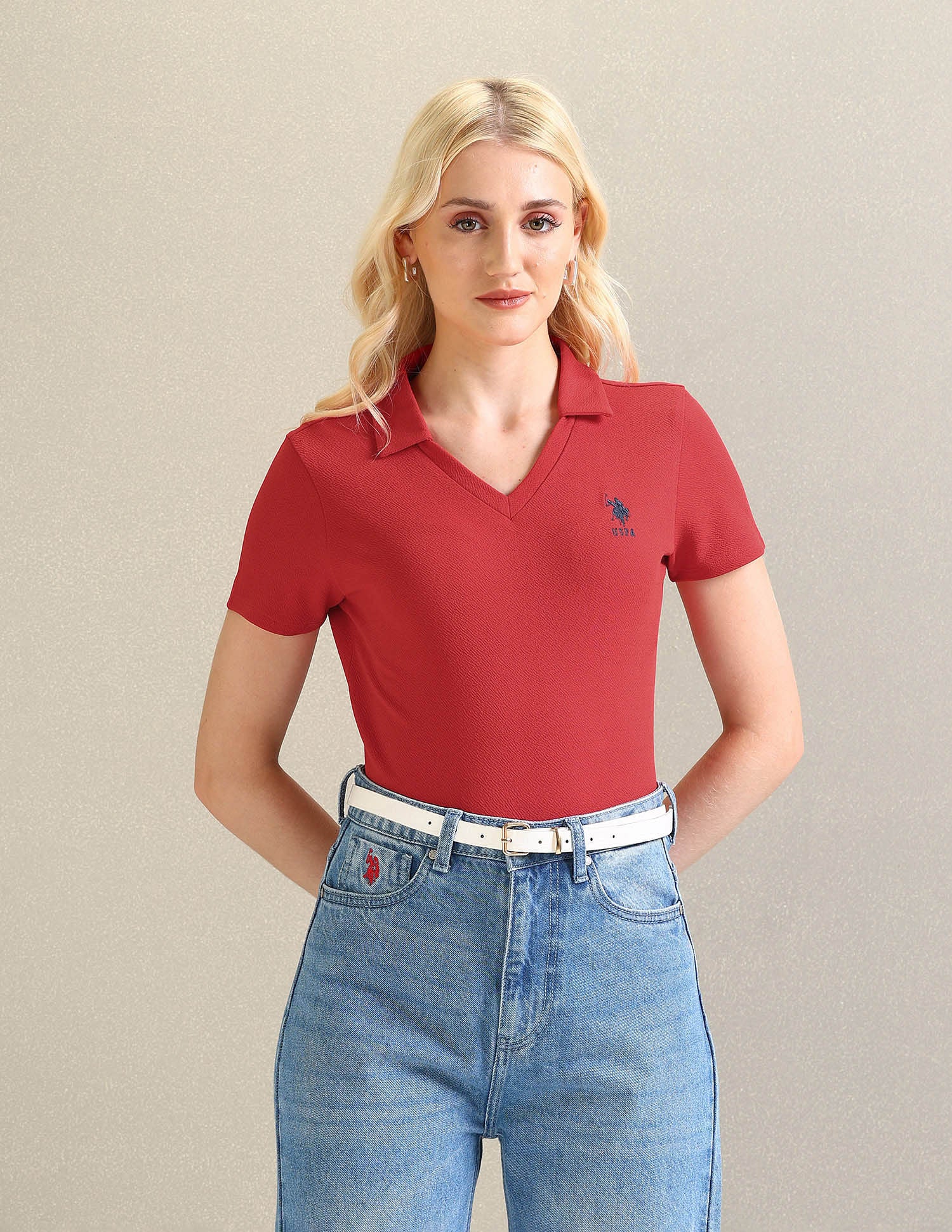 Ribbed Collar Textured Polo Shirt Red - U.S. Polo Assn. India | Large