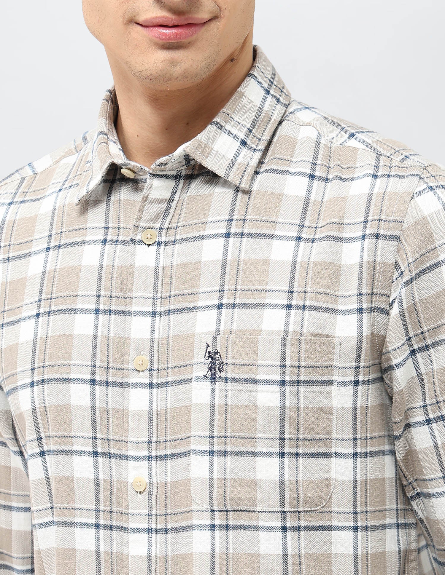 Tartan Checked Herringbone Shirt Khaki - U.S. POLO ASSN. | Large