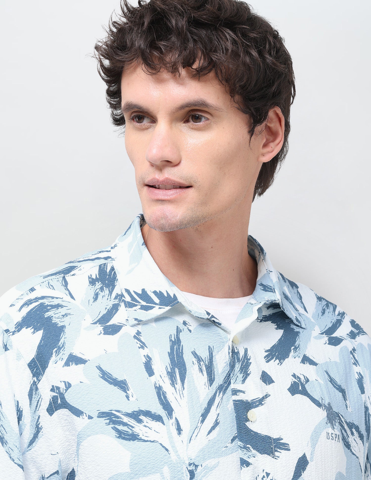 Floral Printed Seersucker Shirt Light Blue - U.S. Polo Assn. India | Large