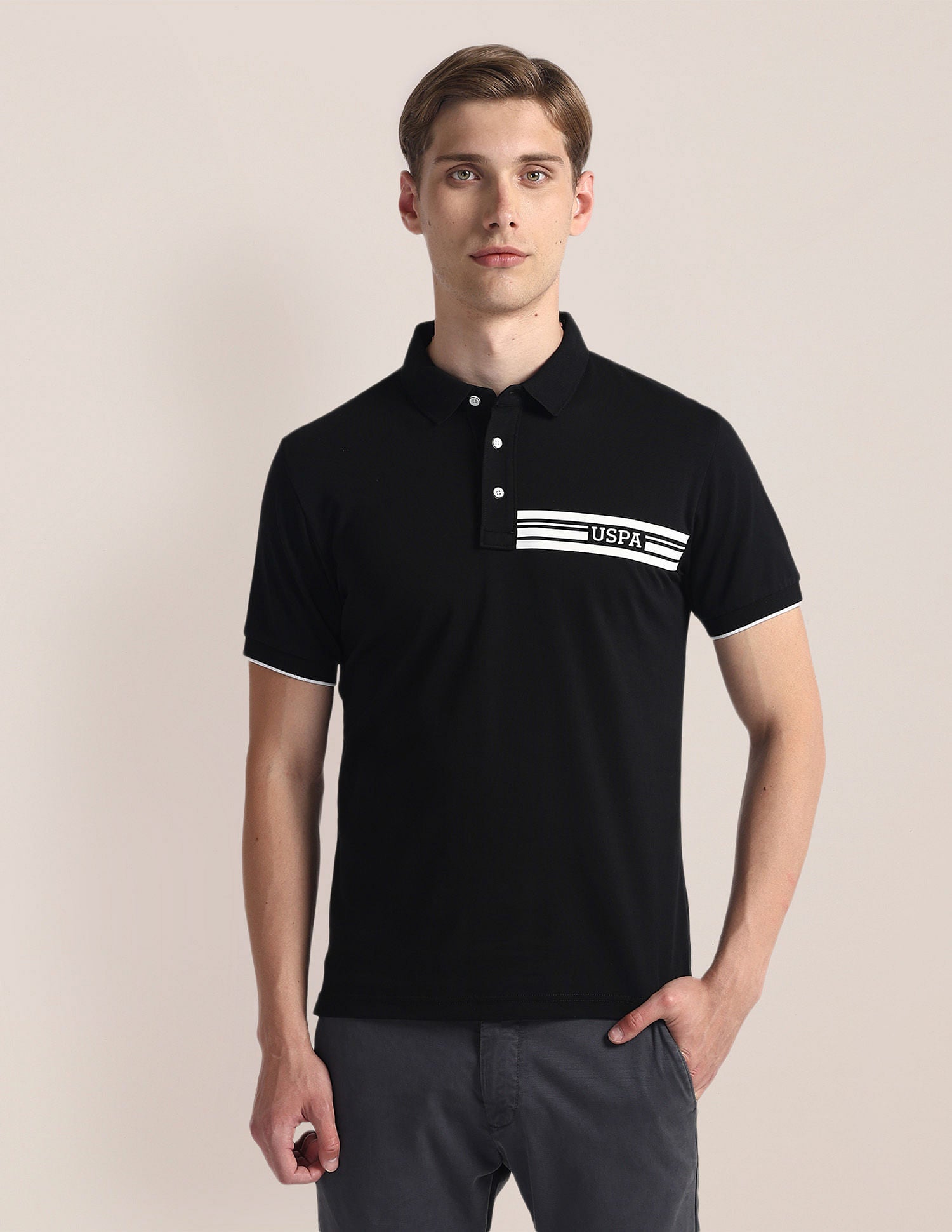 Brand Print Slim Polo Shirt Black - U.S. Polo Assn. India | Large