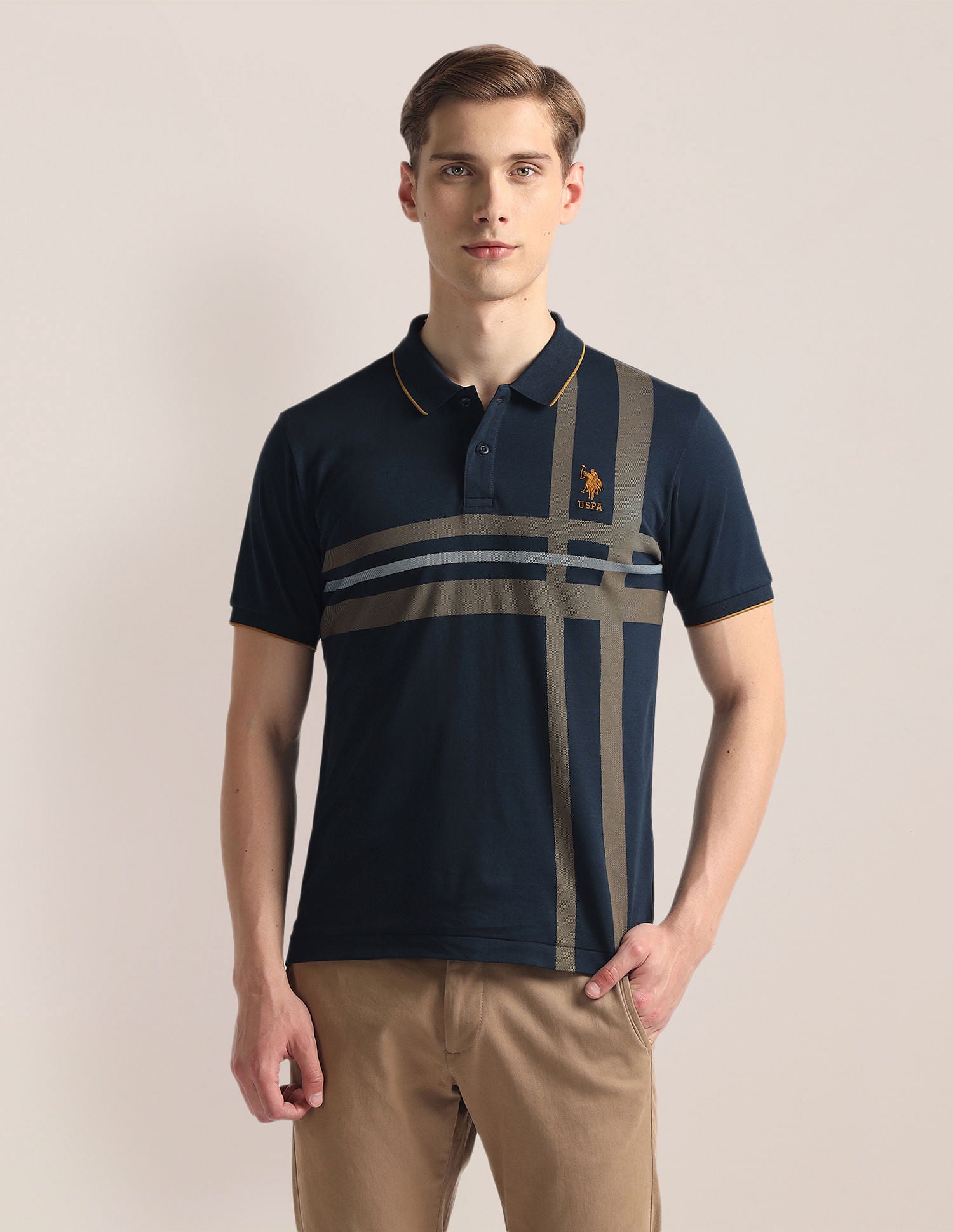 Ribbed Collar Stripe Polo Shirt Navy - U.S. Polo Assn. India | Large