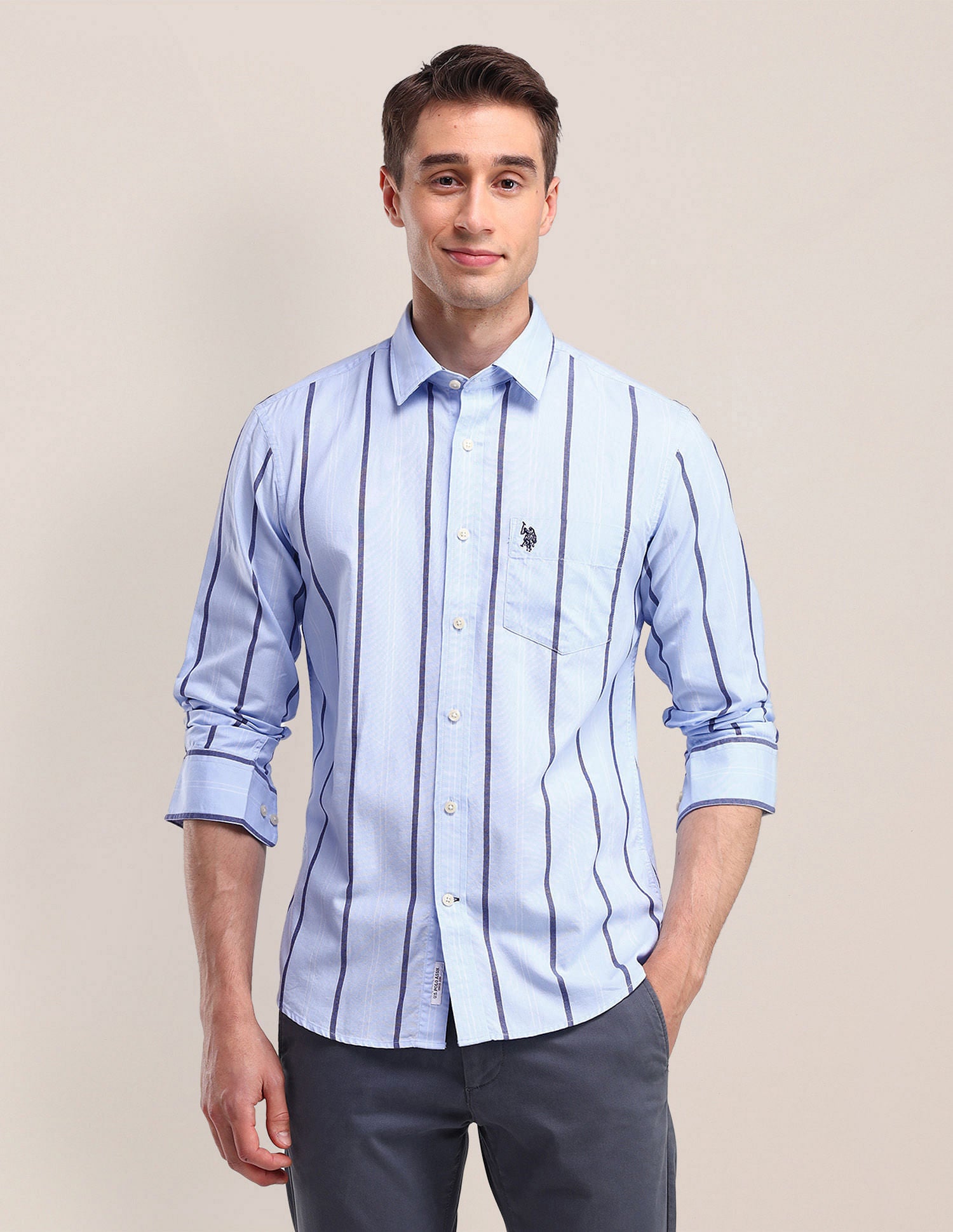 Tailored Fit Cotton Striped Shirt Blue - U.S. Polo Assn. India | Large