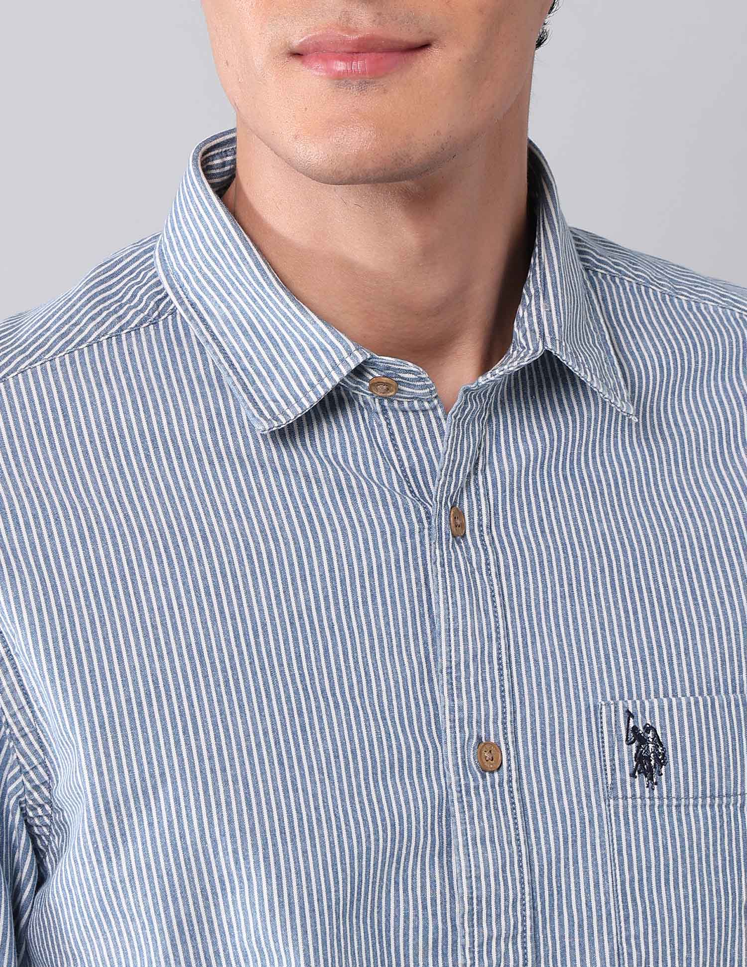 Vertical Striped Pure Cotton Shirt Indigo - U.S. Polo Assn. India | Large
