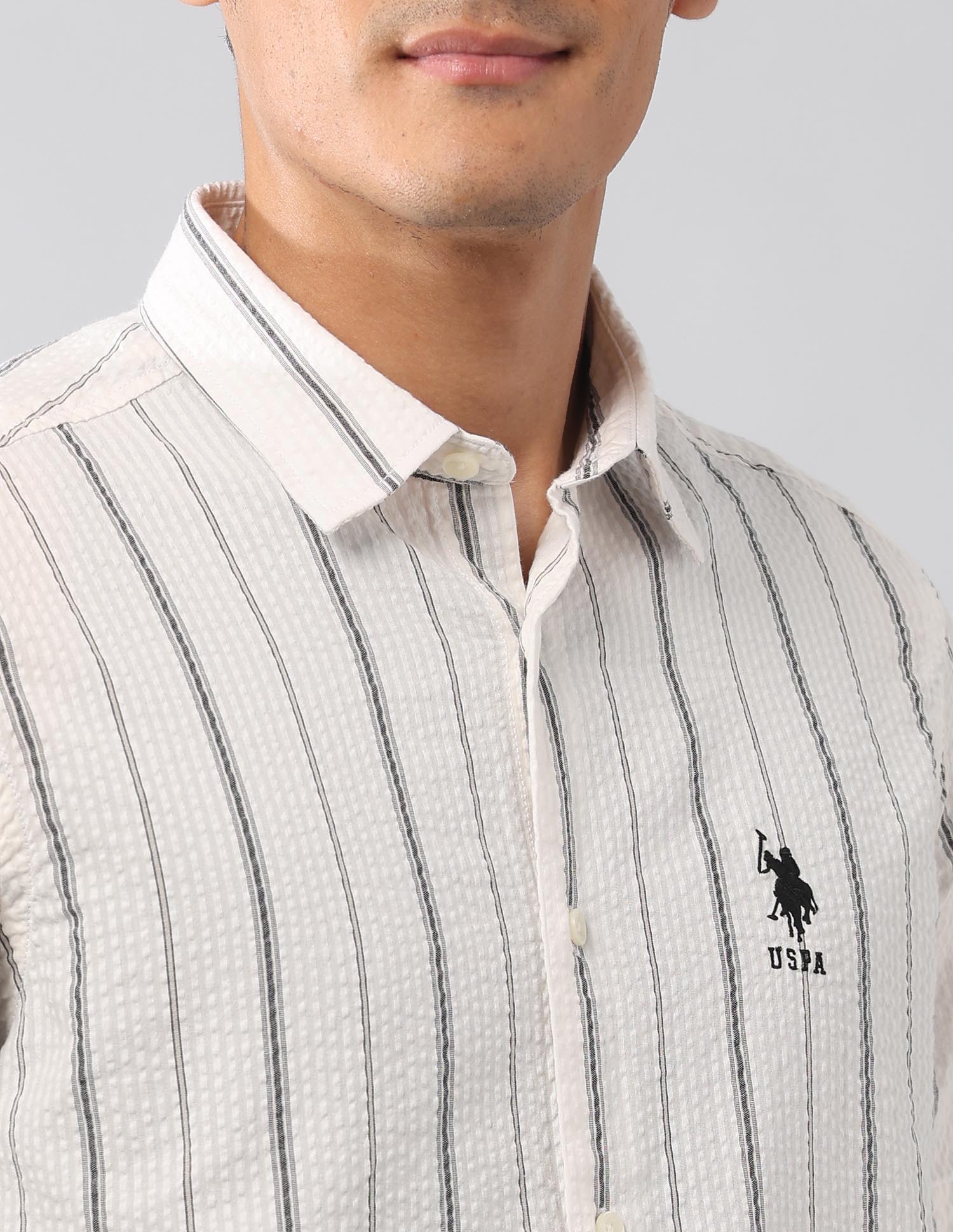 Vertical Striped Seersucker Regular Fit Shirt White - U.S. Polo Assn. India | Large