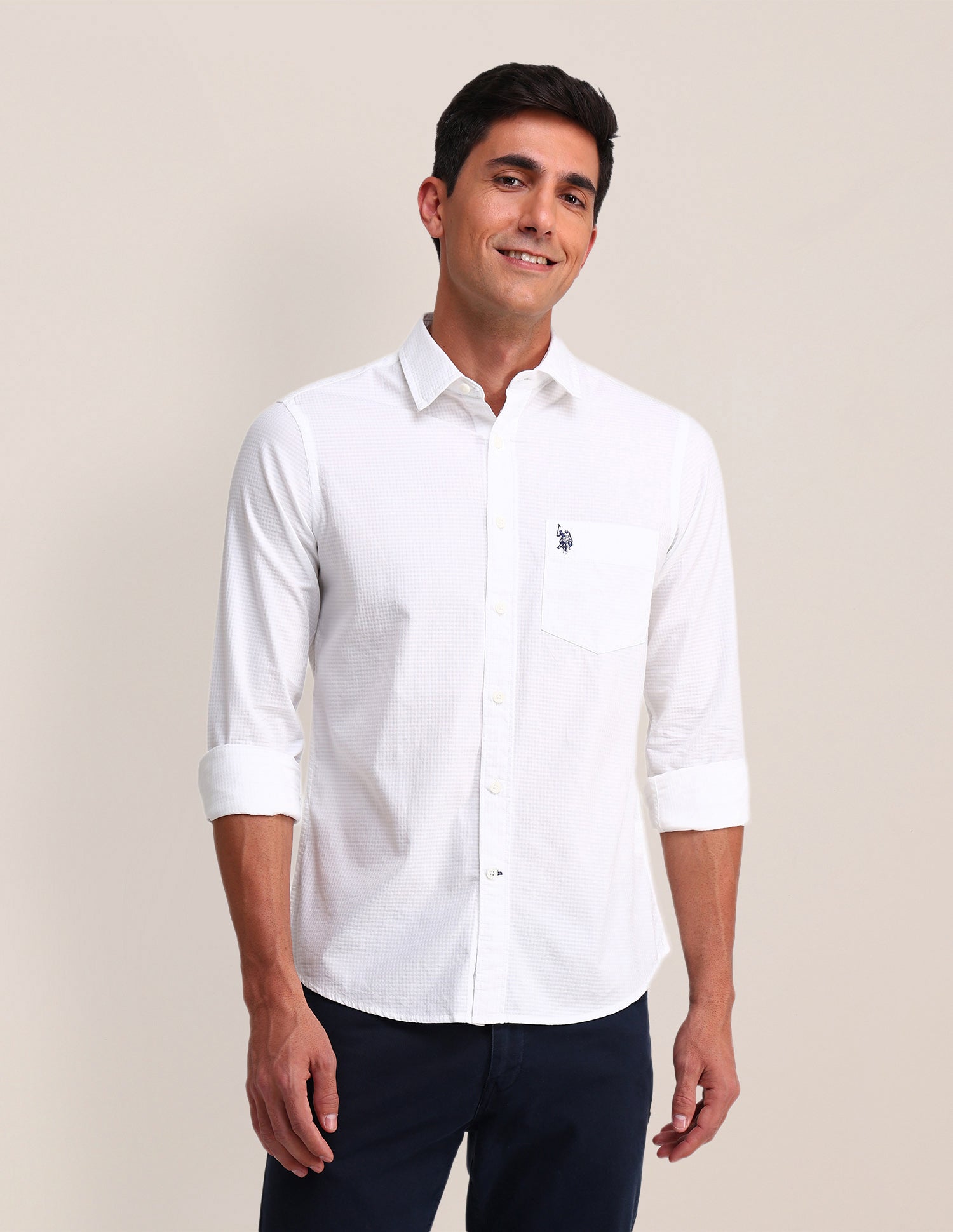 Solid Pattern Dobby Shirt White - U.S. Polo Assn. India | Large