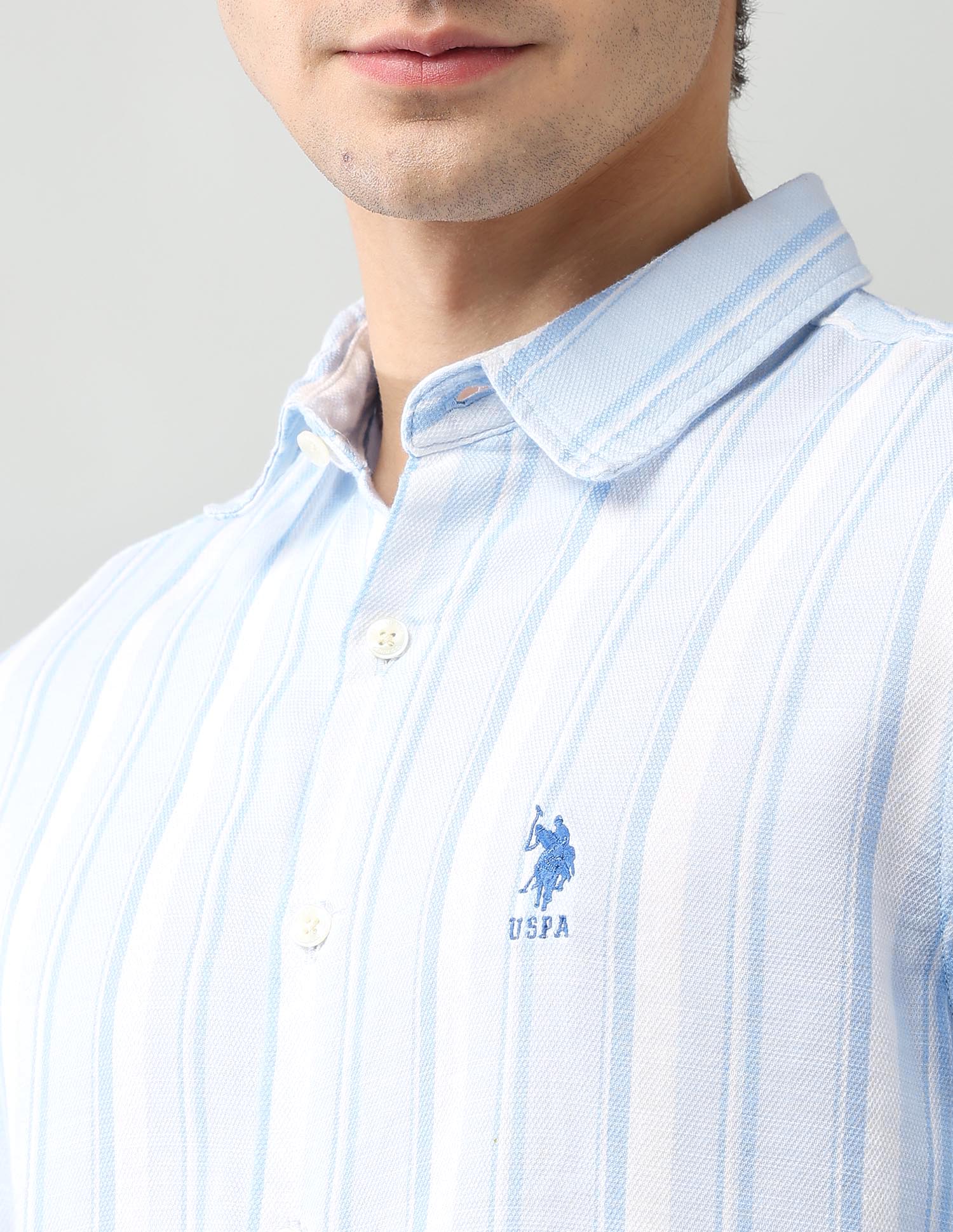Vertical Striped Cotton Dobby Shirt Light Blue - U.S. Polo Assn. India | Large