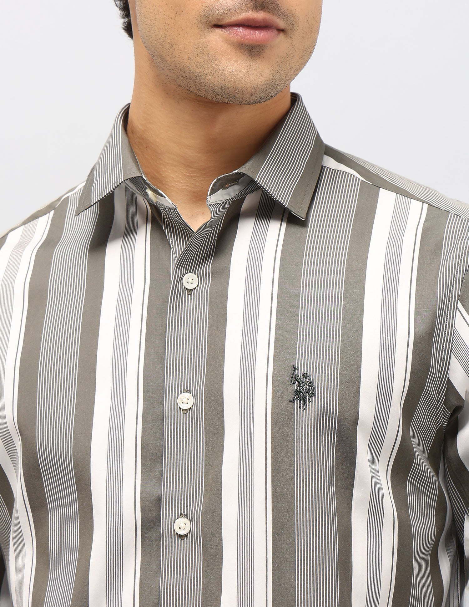 Vertical Striped Pure Cotton Shirt Olive - U.S. POLO ASSN. | Large