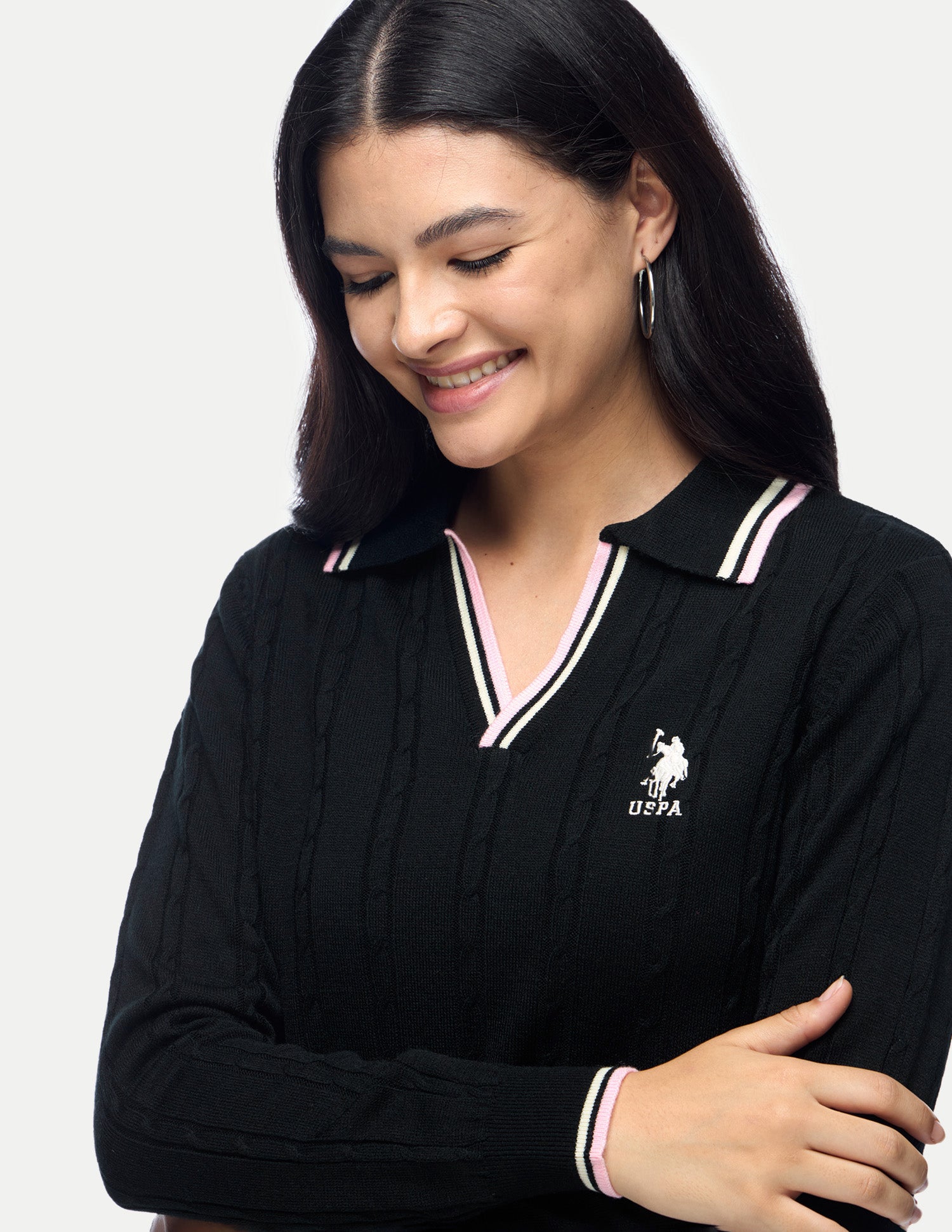 Cable Patterned Knit Regular Fit Sweater Black - U.S. Polo Assn. India | Large