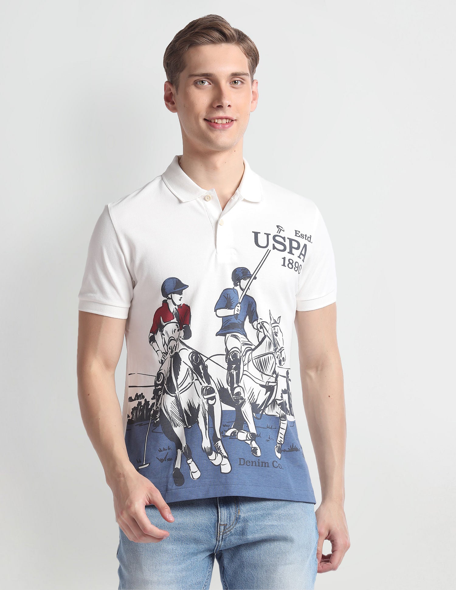 Brand Print Pique Polo Shirt White and Navy - U.S. Polo Assn. India | Large