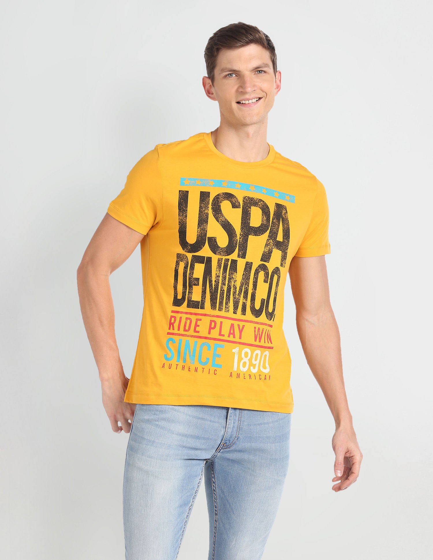 Crew Neck Typographic Print T-Shirt Mustard - U.S. Polo Assn. India | Large