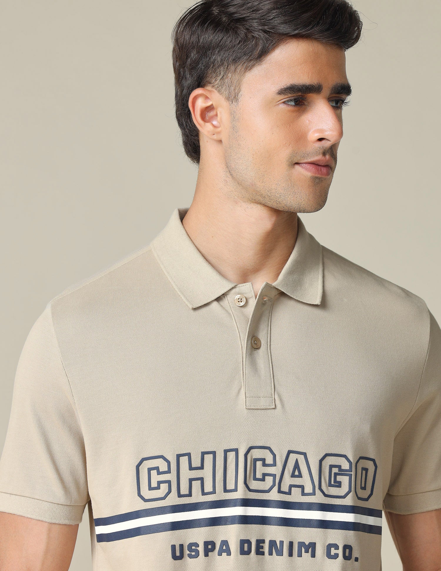 Muscle Fit Typographic Printed Polo Shirt Beige - U.S. POLO ASSN. | Large