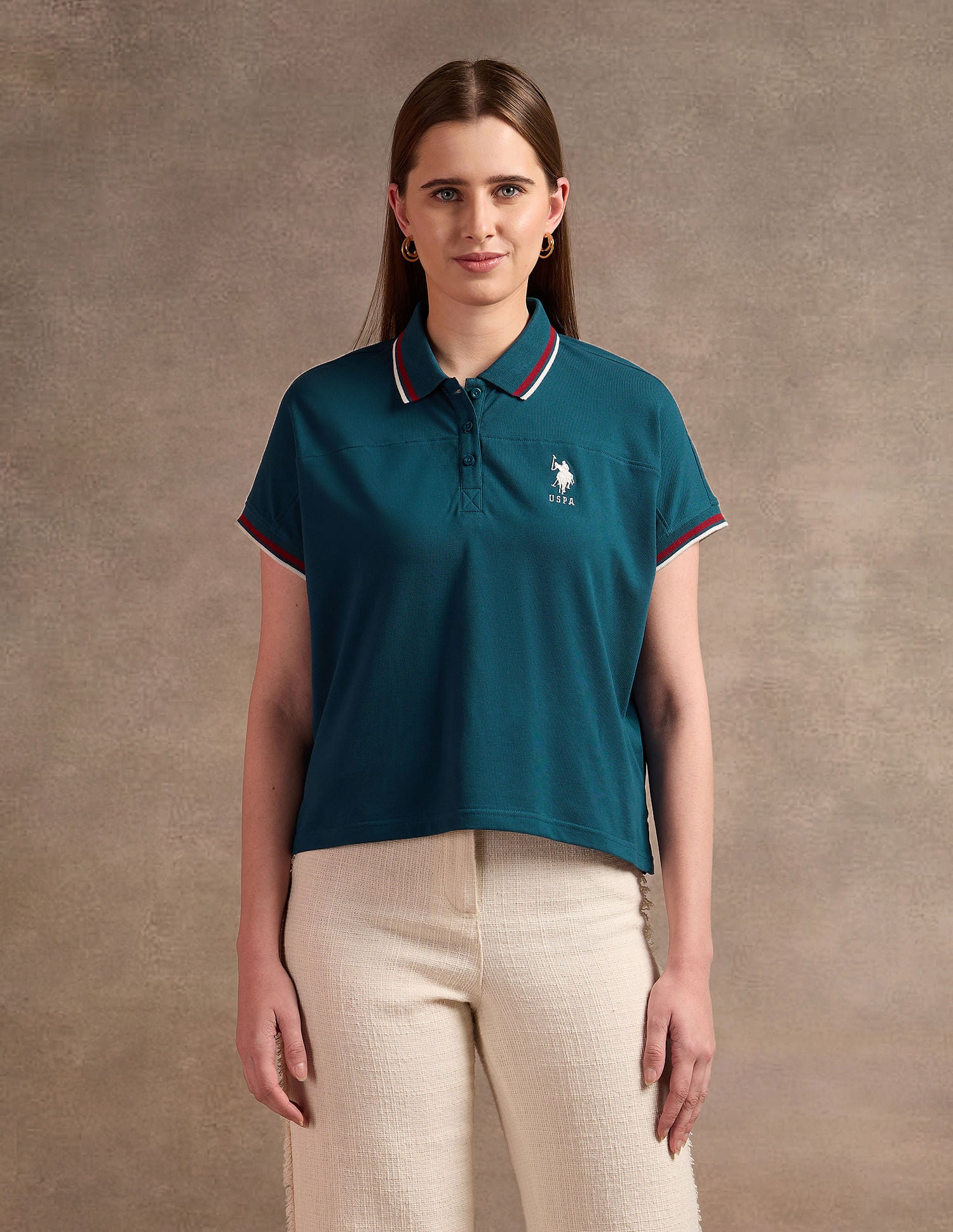 Tipped Collar Boxy Fit Polo Shirt Teal - U.S. POLO ASSN. | Large