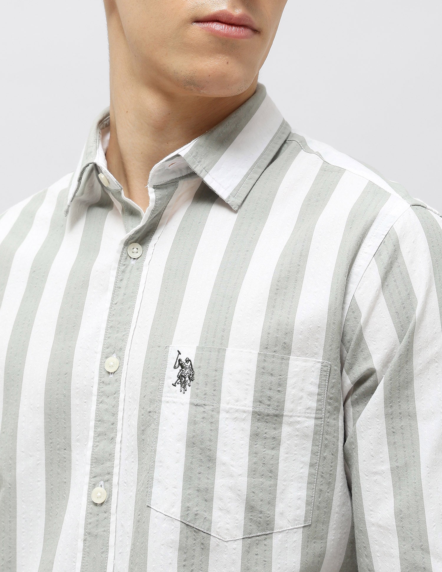Vertical Striped Seersucker Shirt Light Green - U.S. Polo Assn. India | Large