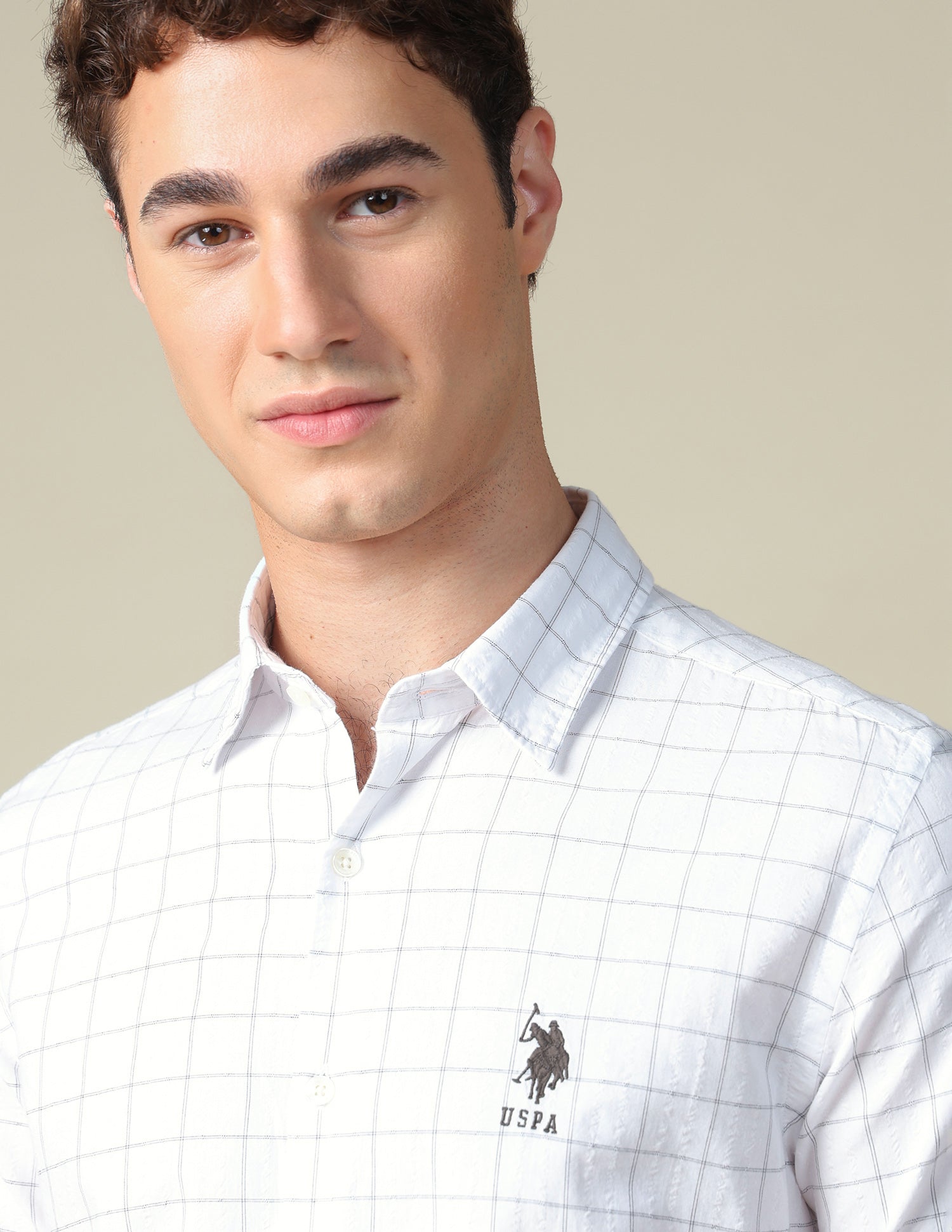 Windowpane Checked Seersucker Shirt White - U.S. Polo Assn. India | Large