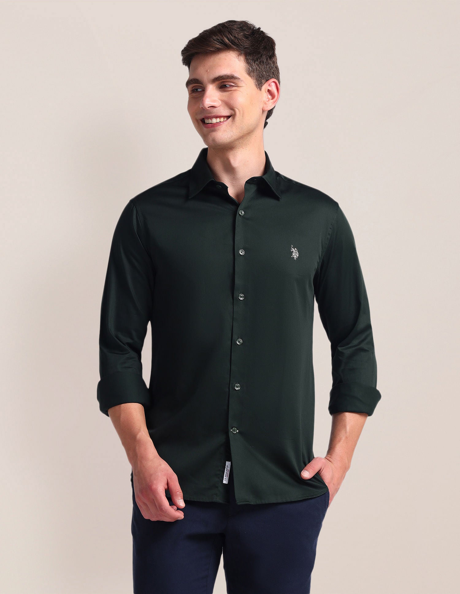 Semi-Cutaway Collar Solid Shirt Green - U.S. Polo Assn. India | Large