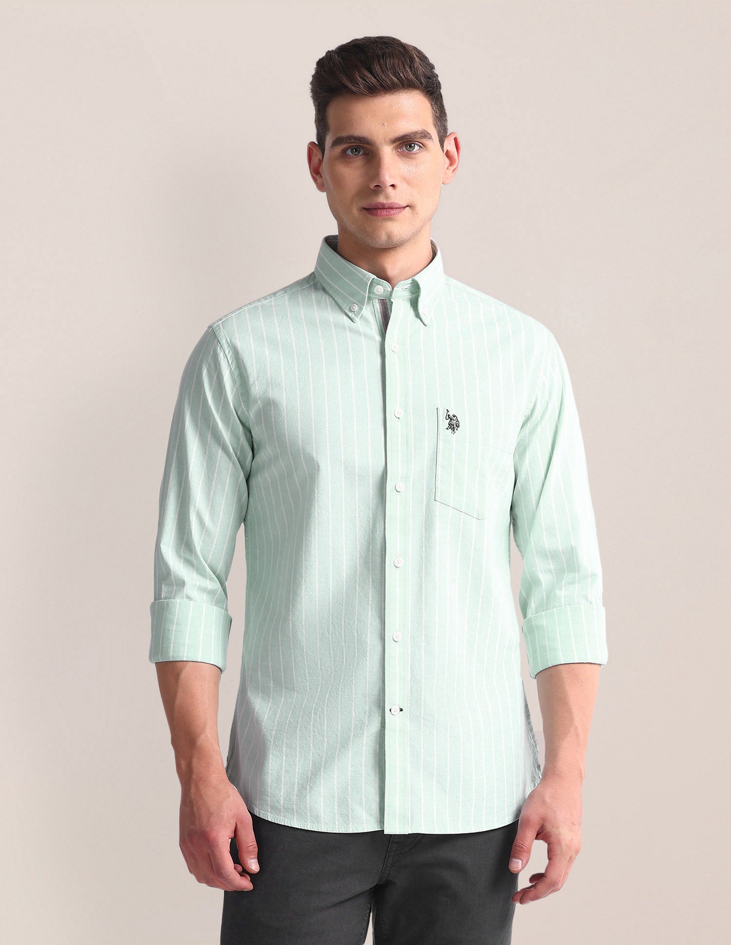Vertical Stripe Tailored Fit Shirt Green - U.S. POLO ASSN. | Large