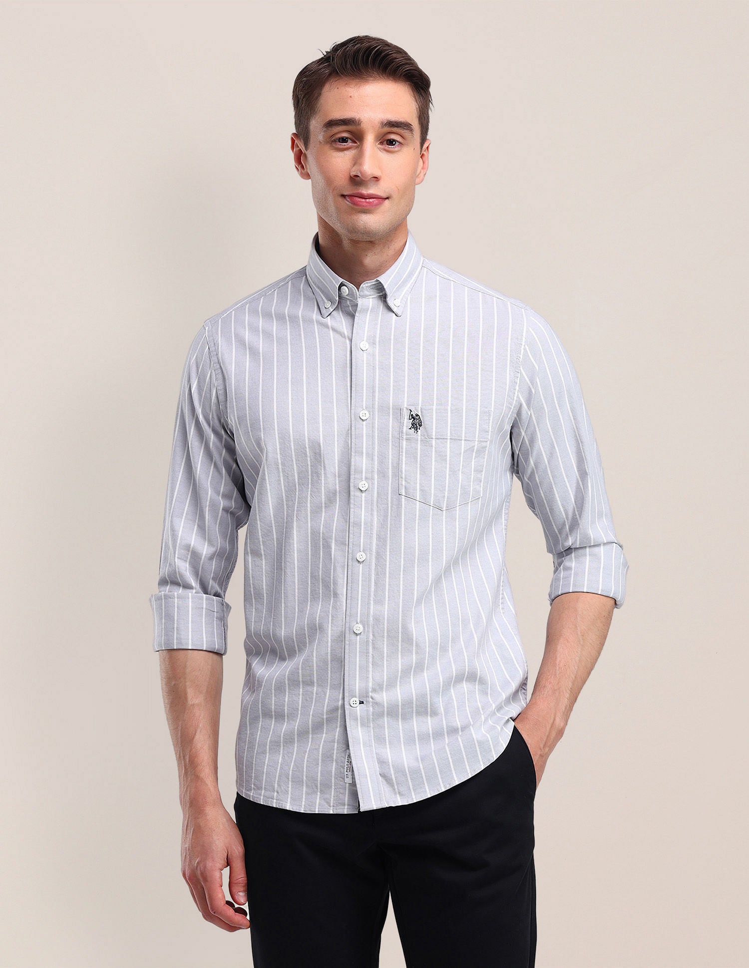 Tailored Fit Vertical Striped Shirt Light-Grey - U.S. Polo Assn. India | Large