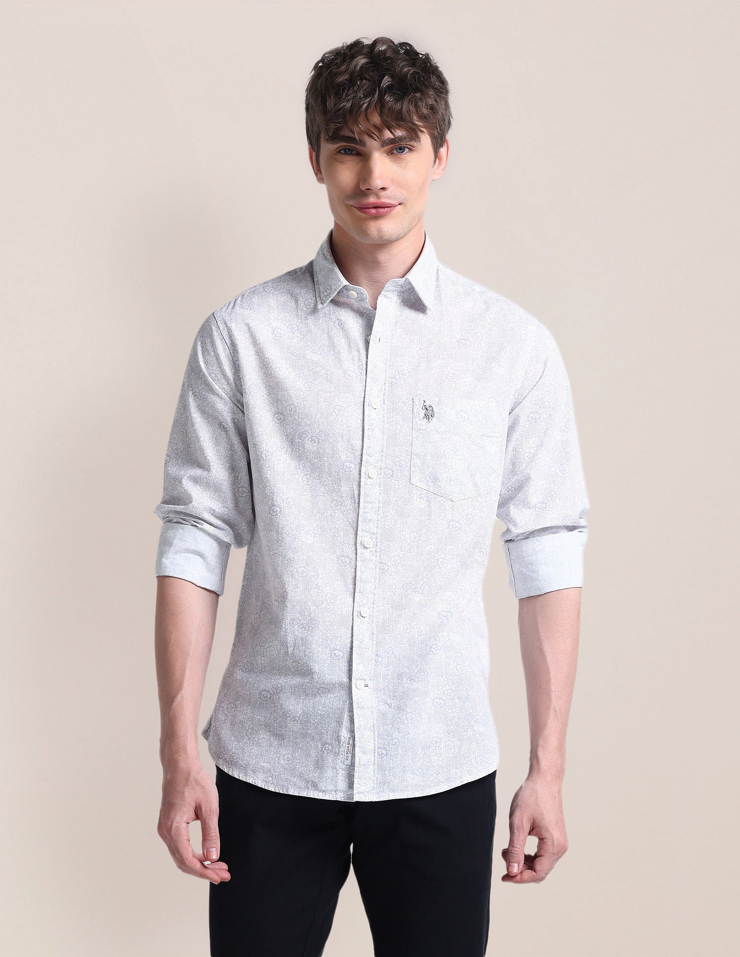 Cutaway Collar Floral Cotton Shirt Grey - U.S. Polo Assn. India | Large