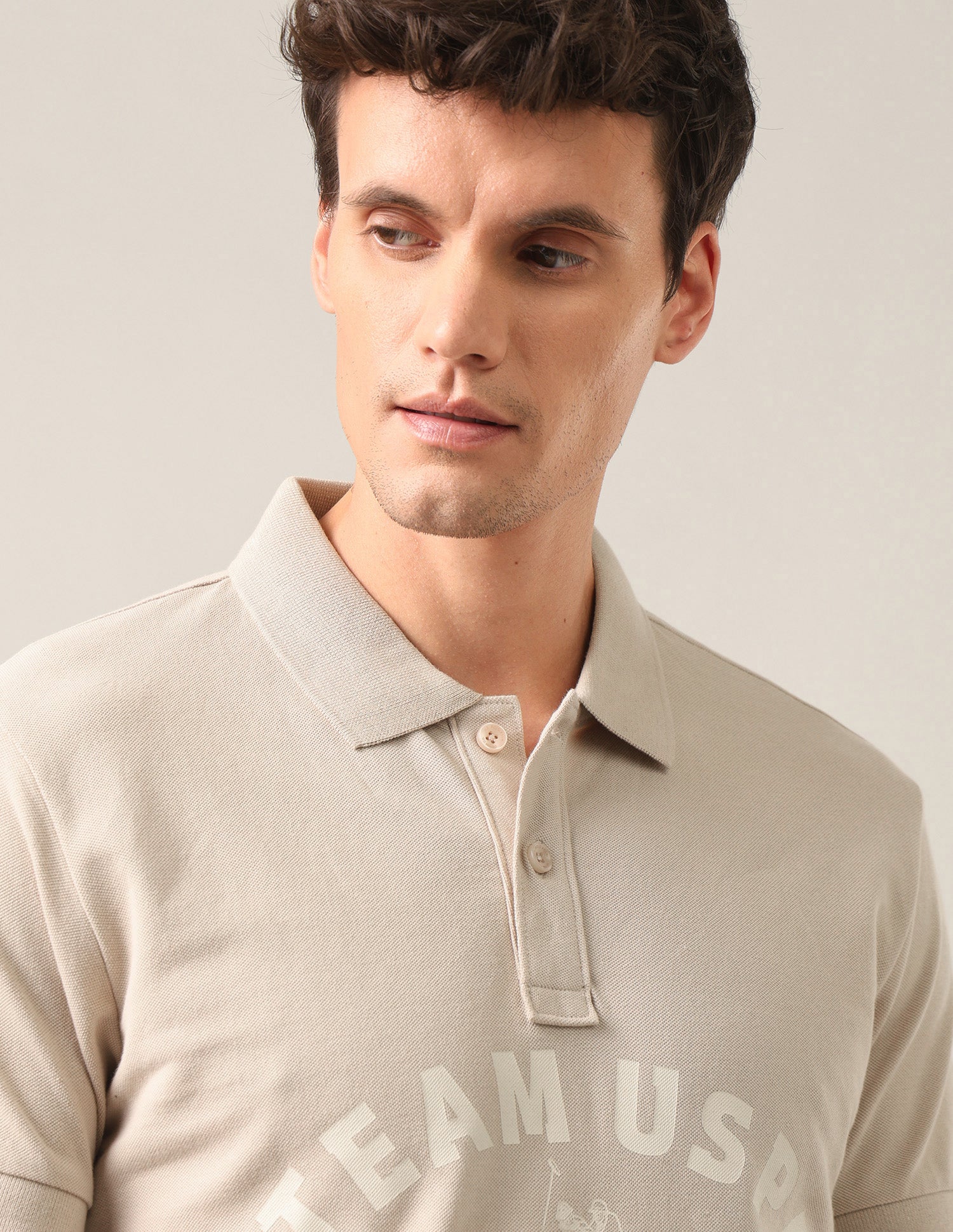 Typographic Brand Printed Slim Fit Polo Shirt Beige - U.S. Polo Assn. India | Large