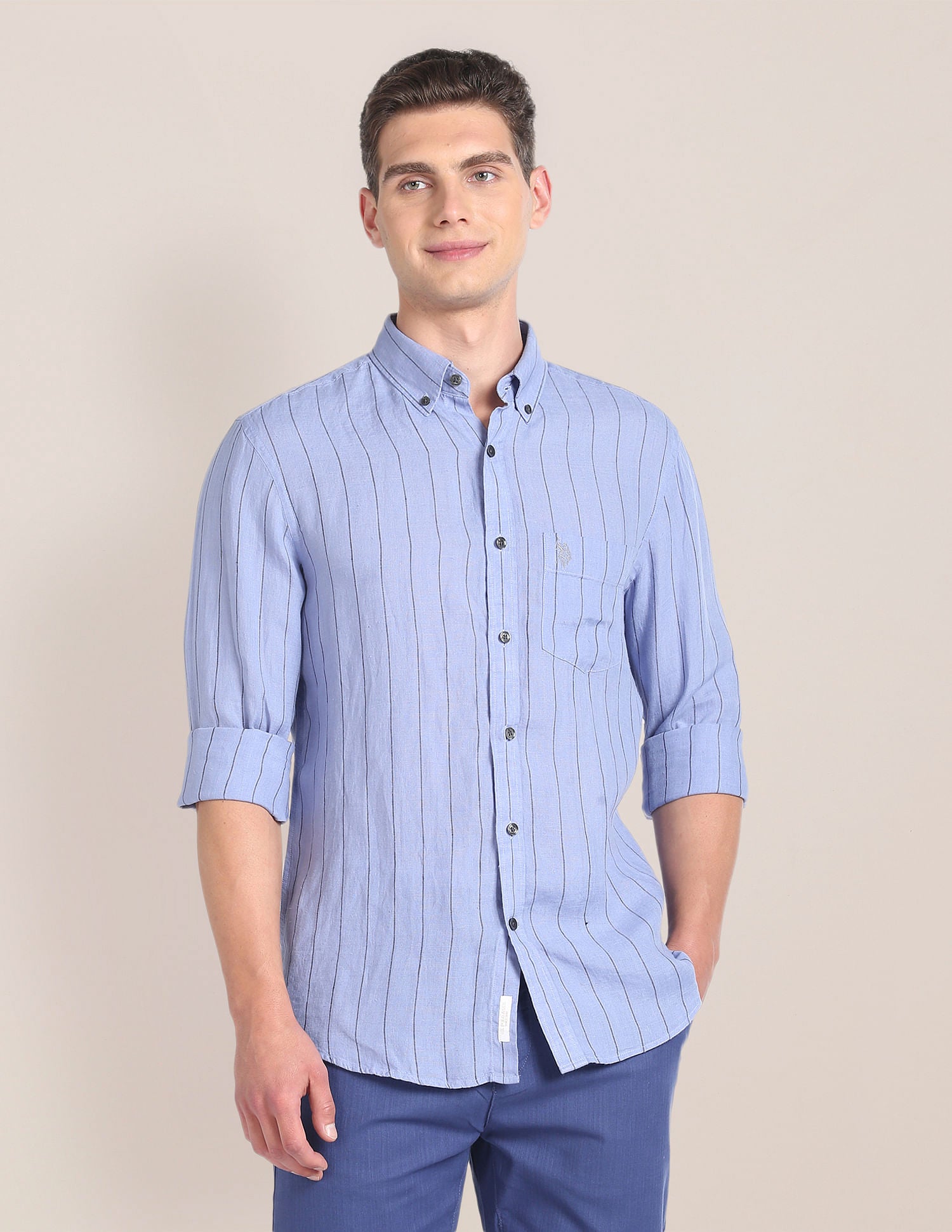 Vertical Stripe Linen Shirt Blue - U.S. Polo Assn. India | Large