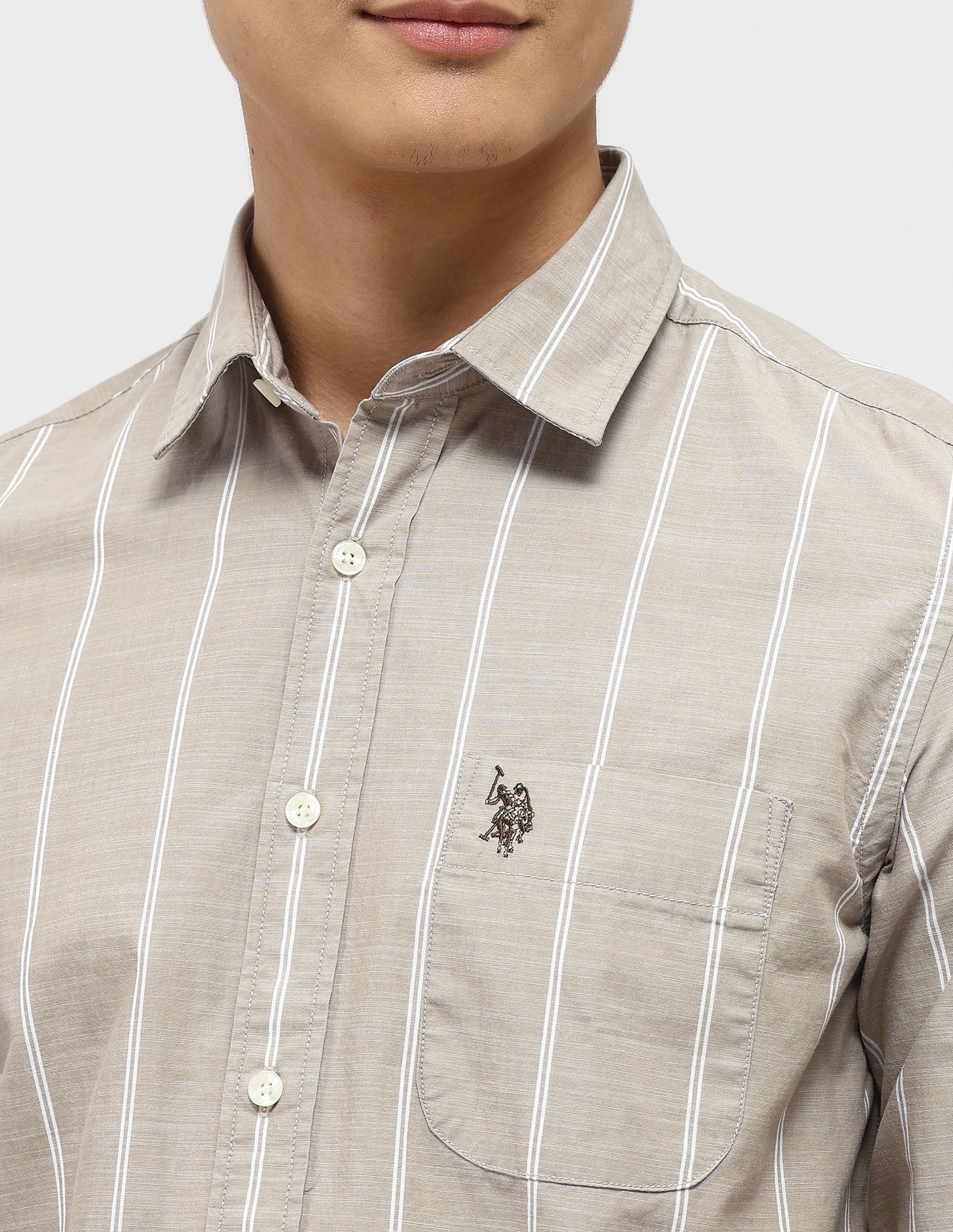 Vertical Striped Pure Cotton Shirt Light Brown - U.S. Polo Assn. India | Large