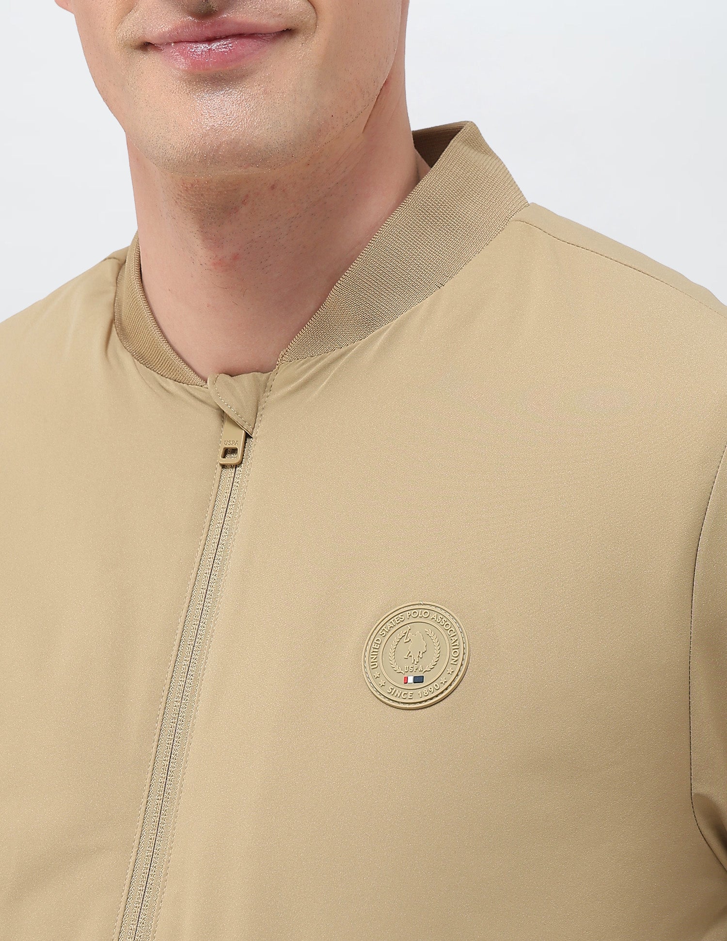 Solid Regular Fit Bomber Jacket Khaki - U.S. Polo Assn. India | Large