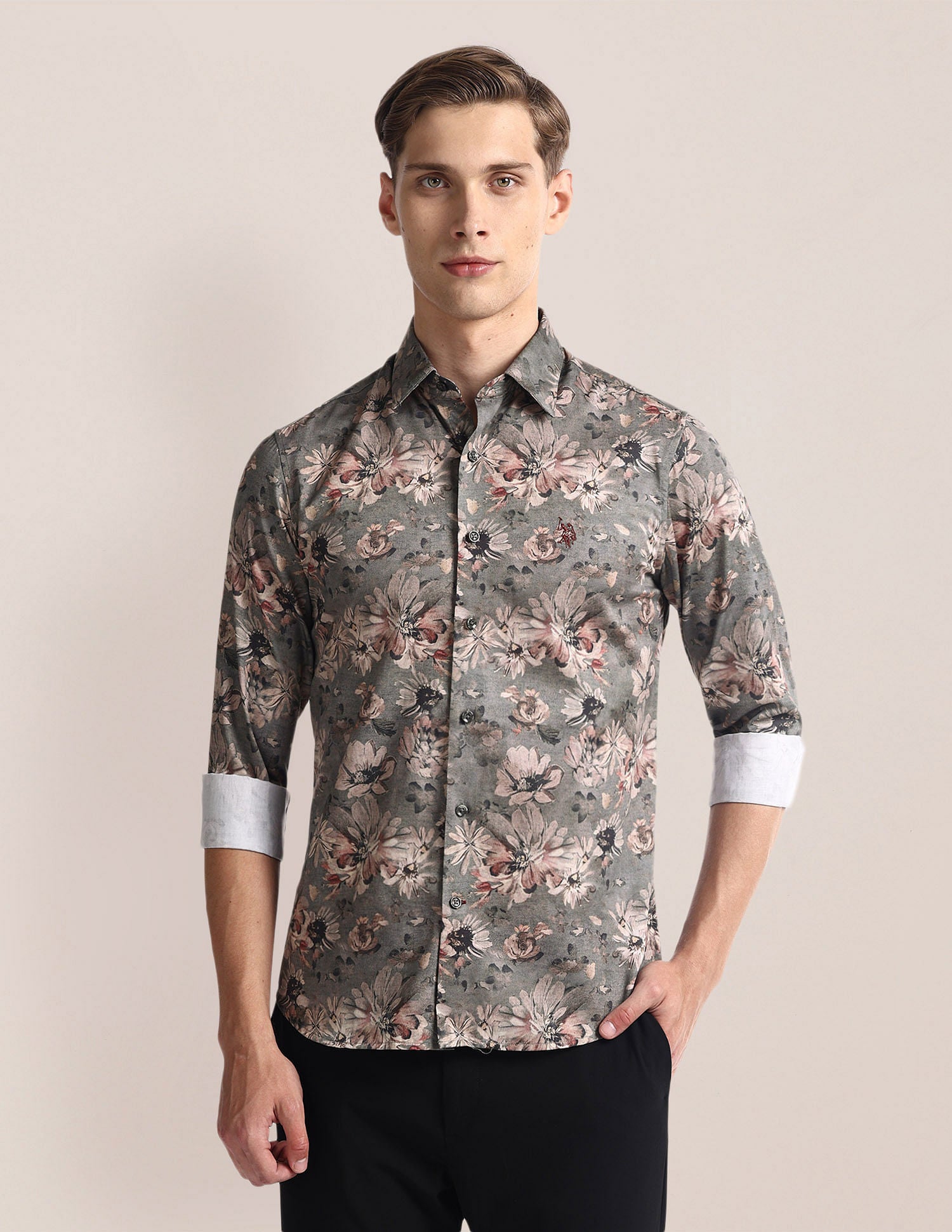 Floral Print Tailored Fit Shirt Olive - U.S. Polo Assn. India | Large