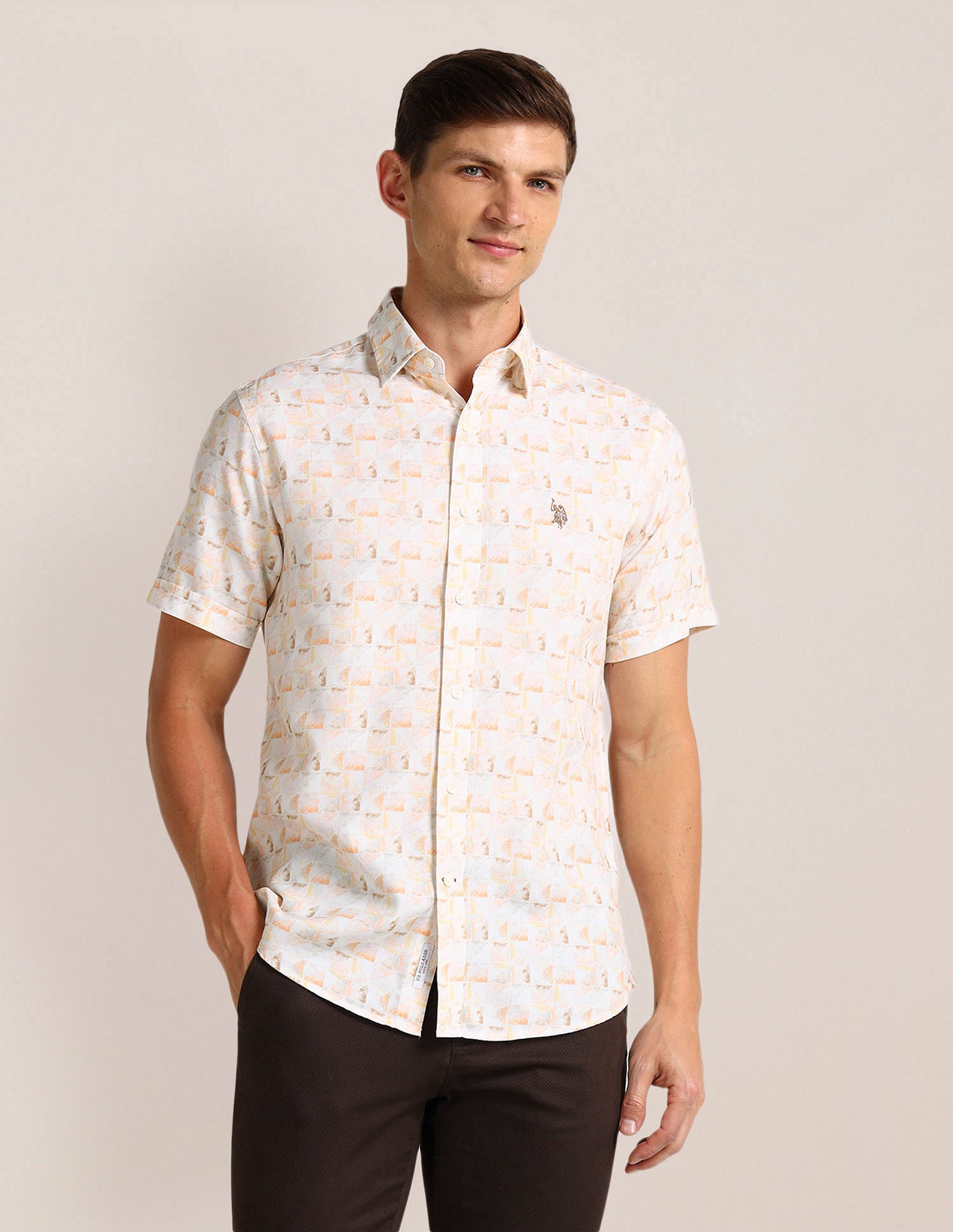 Geometric Print Regular Fit Shirt Peach - U.S. Polo Assn. India | Large