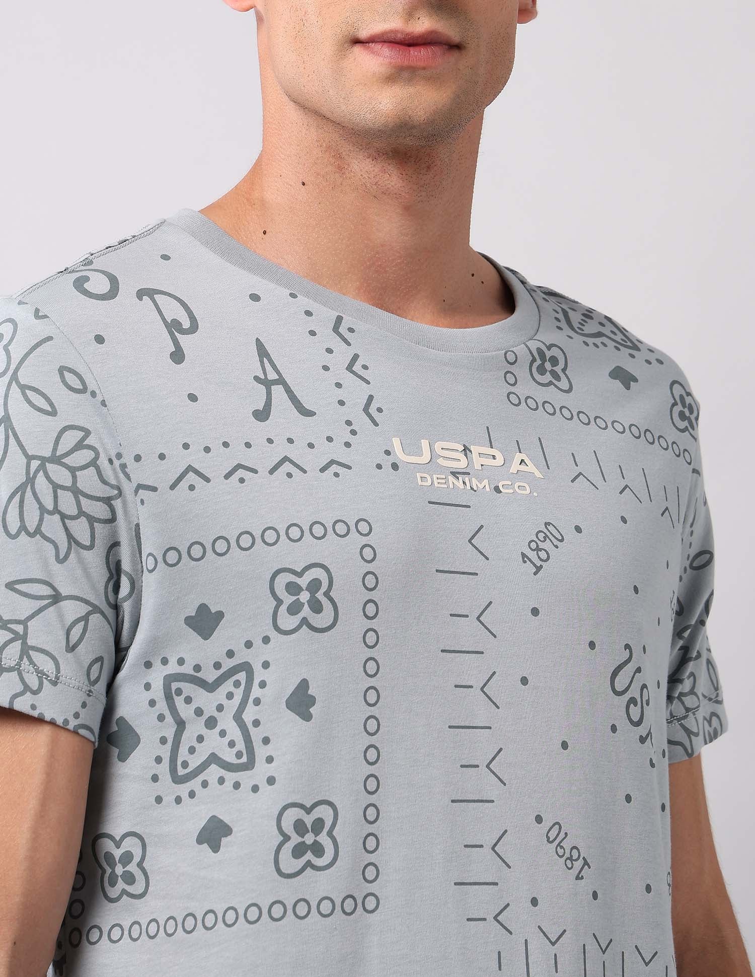 All Over Printed Pure Cotton T-Shirt Light Grey - U.S. Polo Assn. India | Large