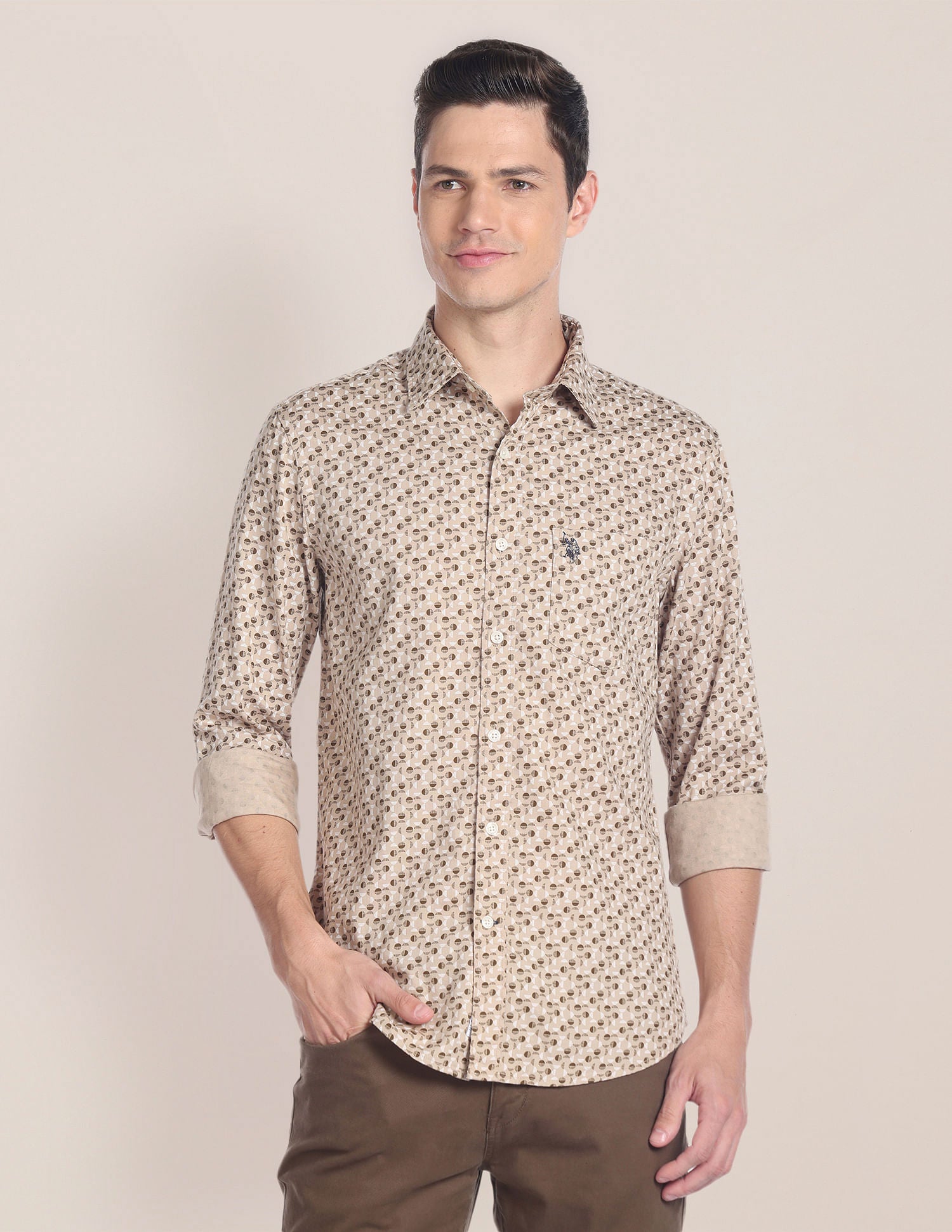 Geometric Print Dobby Shirt Beige - U.S. POLO ASSN. | Large