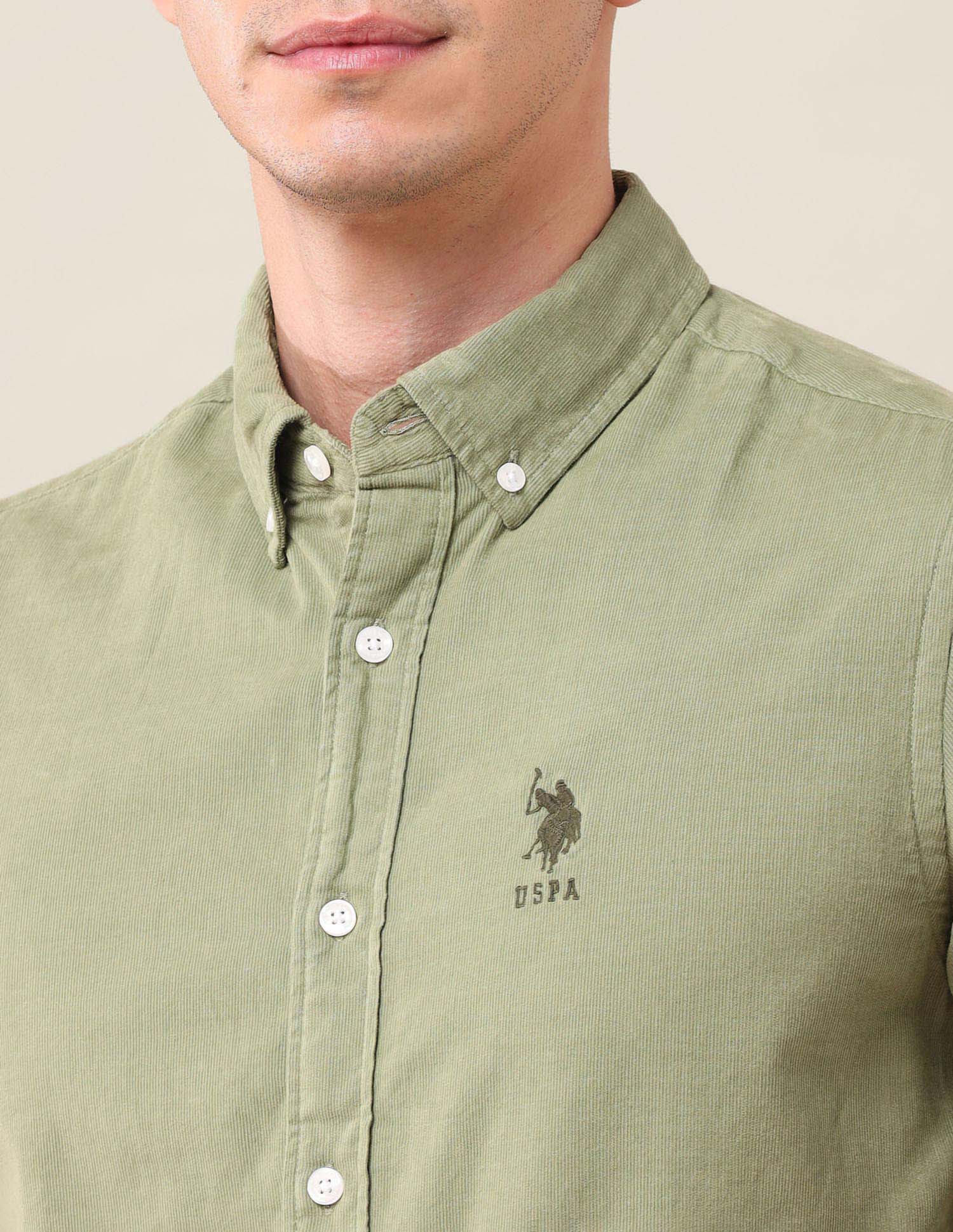 Tailored Fit Corduroy Shirt Light Green - U.S. Polo Assn. India | Large