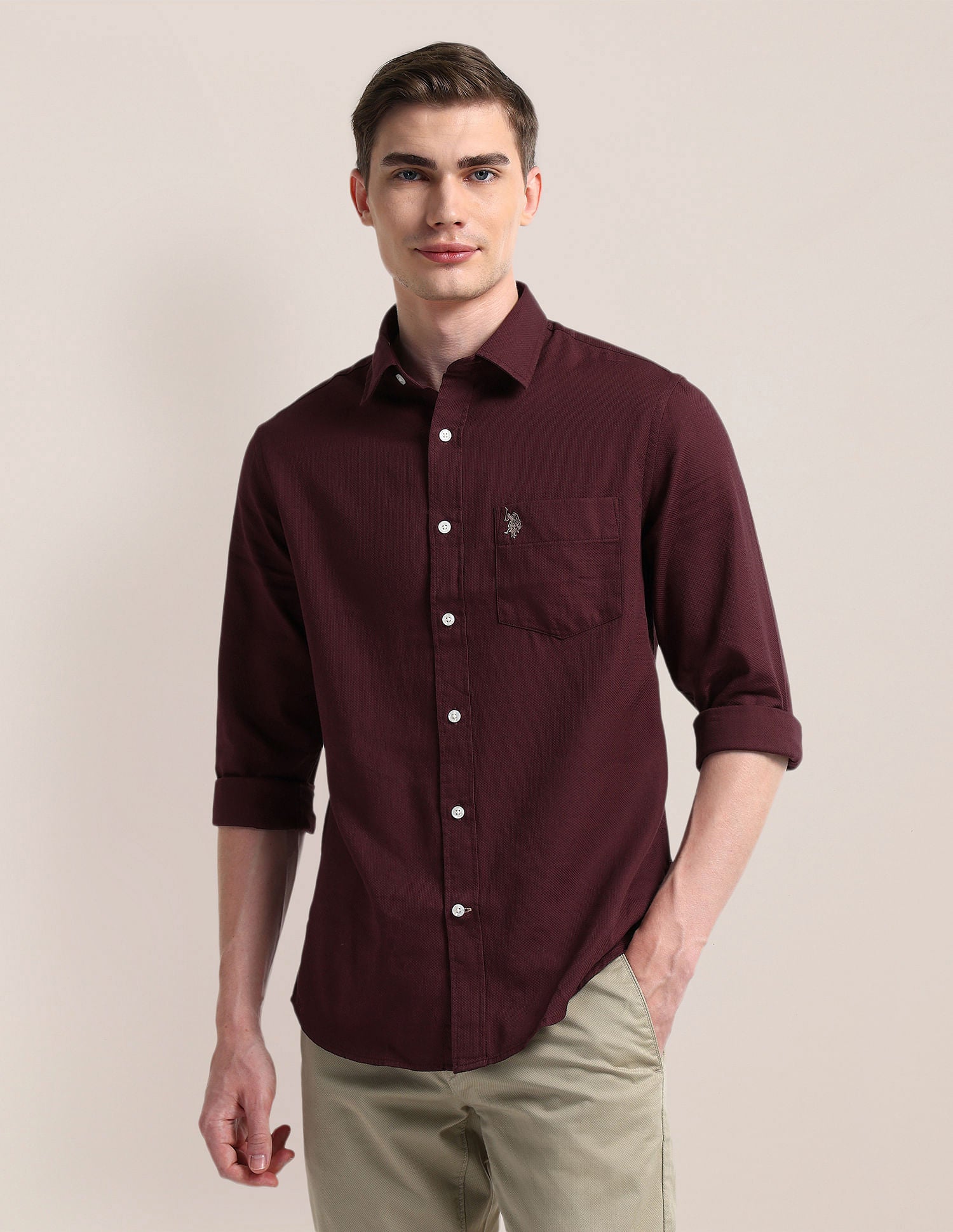 Cutaway Collar Premium Cotton Shirt Maroon - U.S. POLO ASSN. | Large